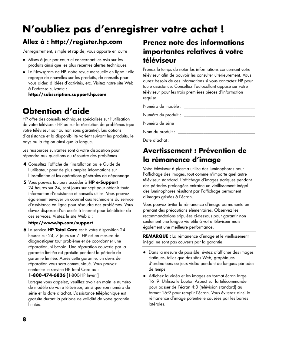 N’oubliez pas d’enregistrer votre achat, Obtention d’aide, Avertissement : prévention de la rémanence d’image | HP Pavilion Plasma High-definition Television PL4200N User Manual | Page 8 / 22