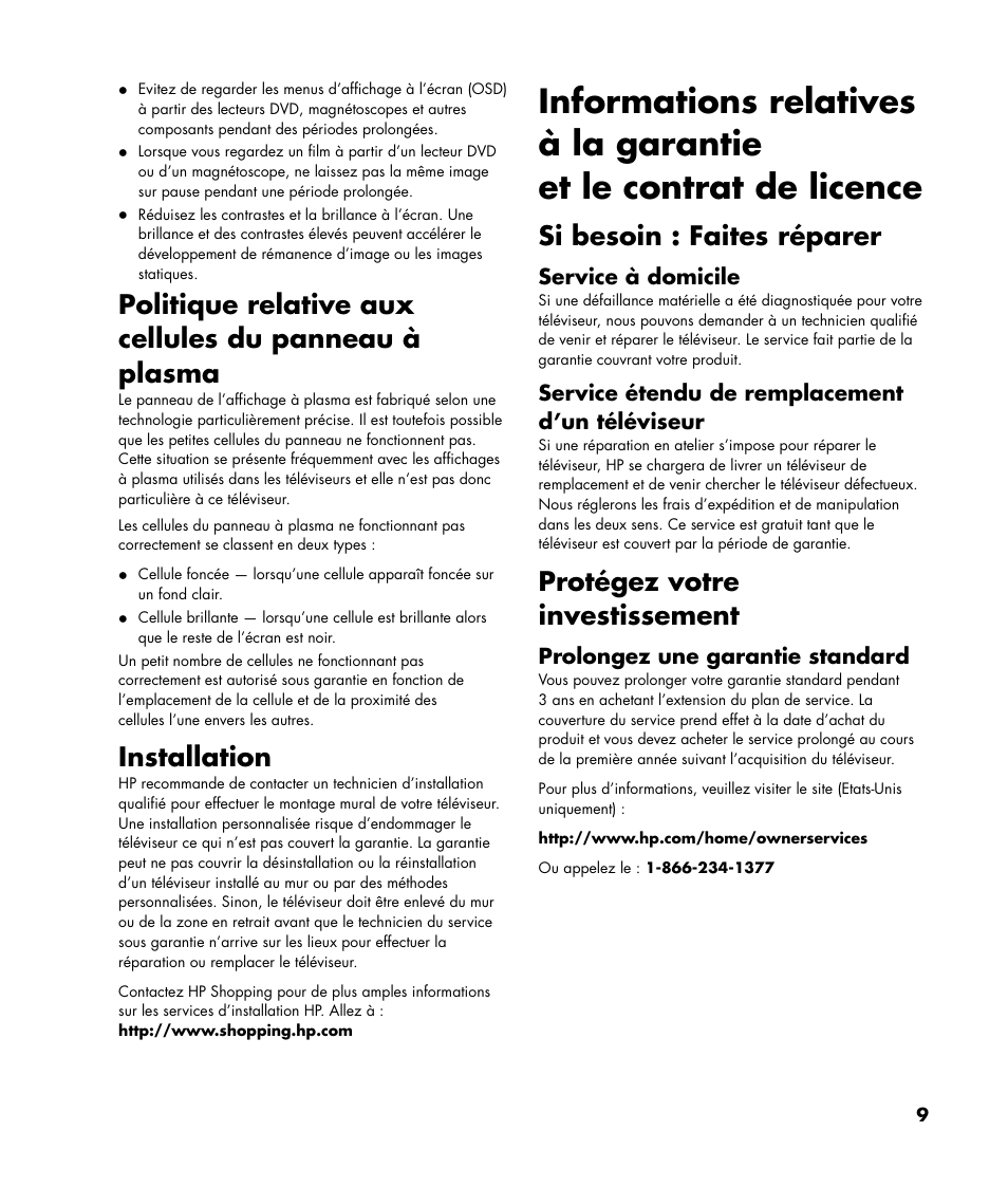 Installation, Si besoin : faites réparer, Protégez votre investissement | HP Pavilion Plasma High-definition Television PL4200N User Manual | Page 9 / 22