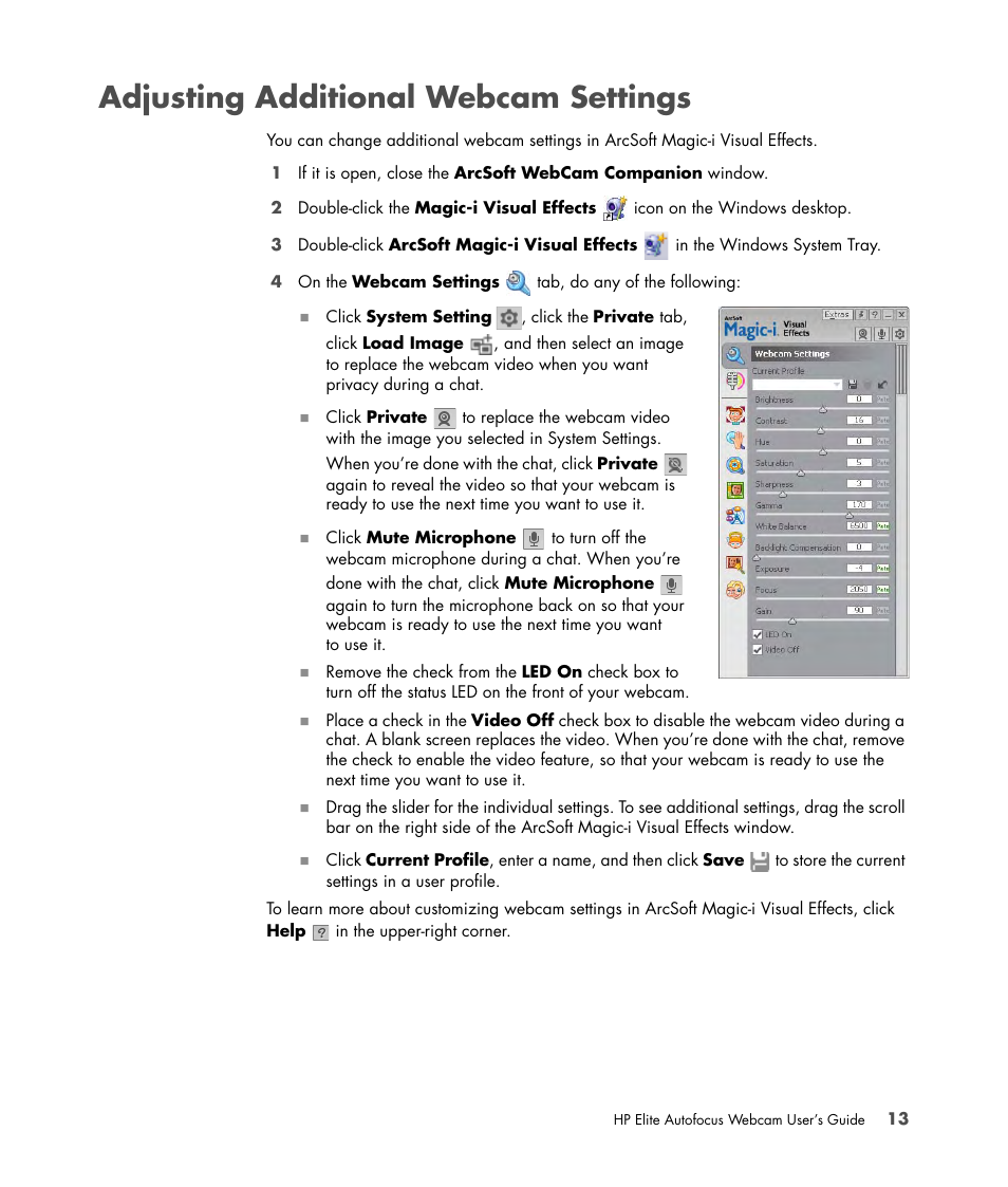 Adjusting additional webcam settings | HP 588295-001 User Manual | Page 17 / 20
