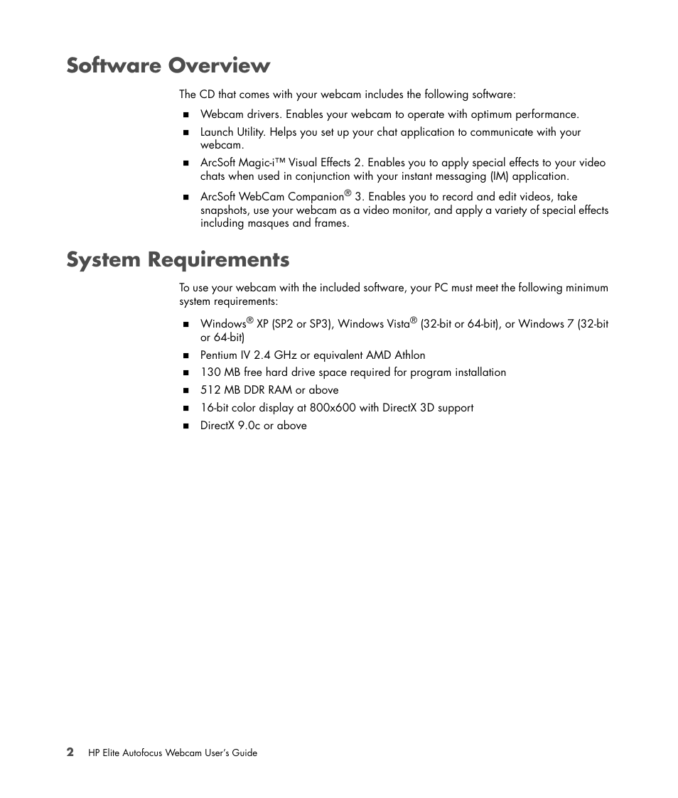 Software overview, System requirements, Software overview system requirements | HP 588295-001 User Manual | Page 6 / 20