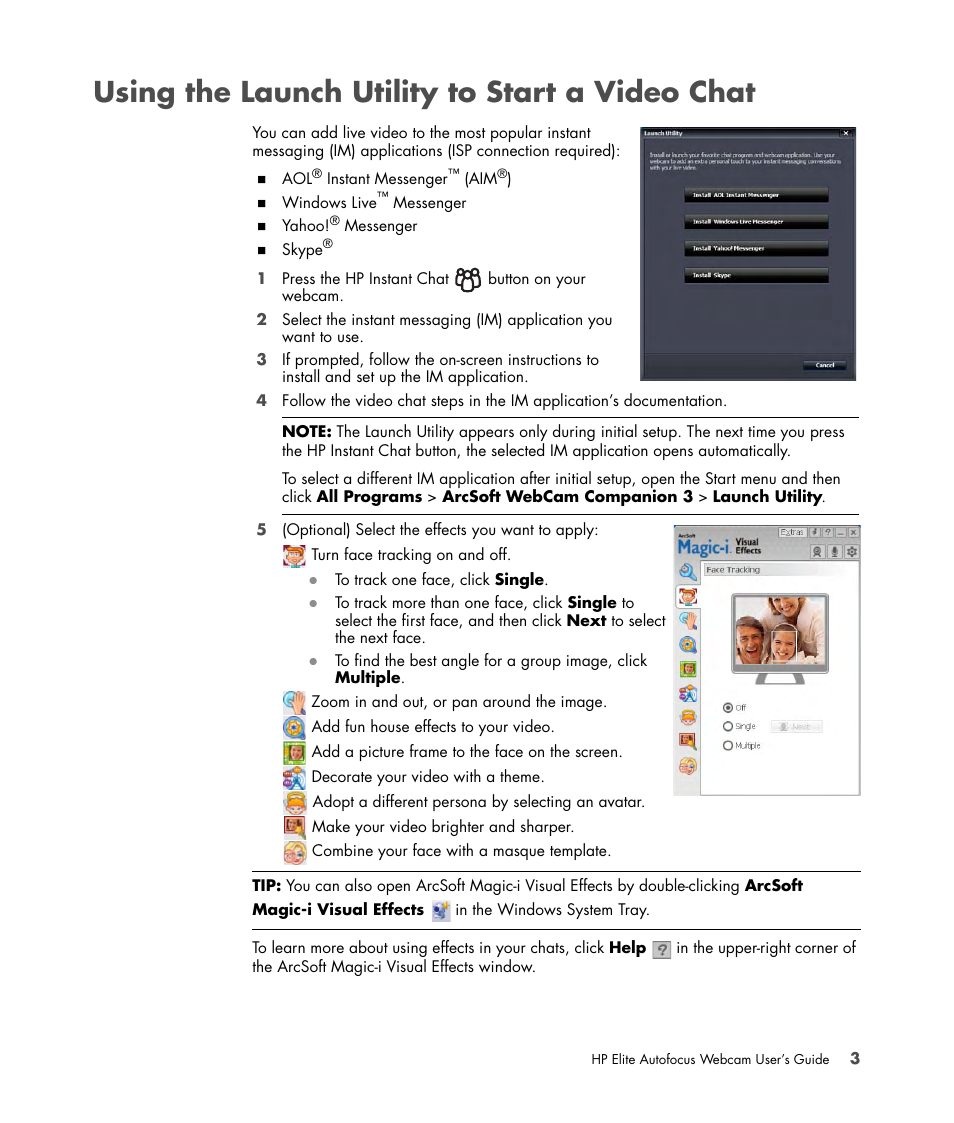 Using the launch utility to start a video chat | HP 588295-001 User Manual | Page 7 / 20