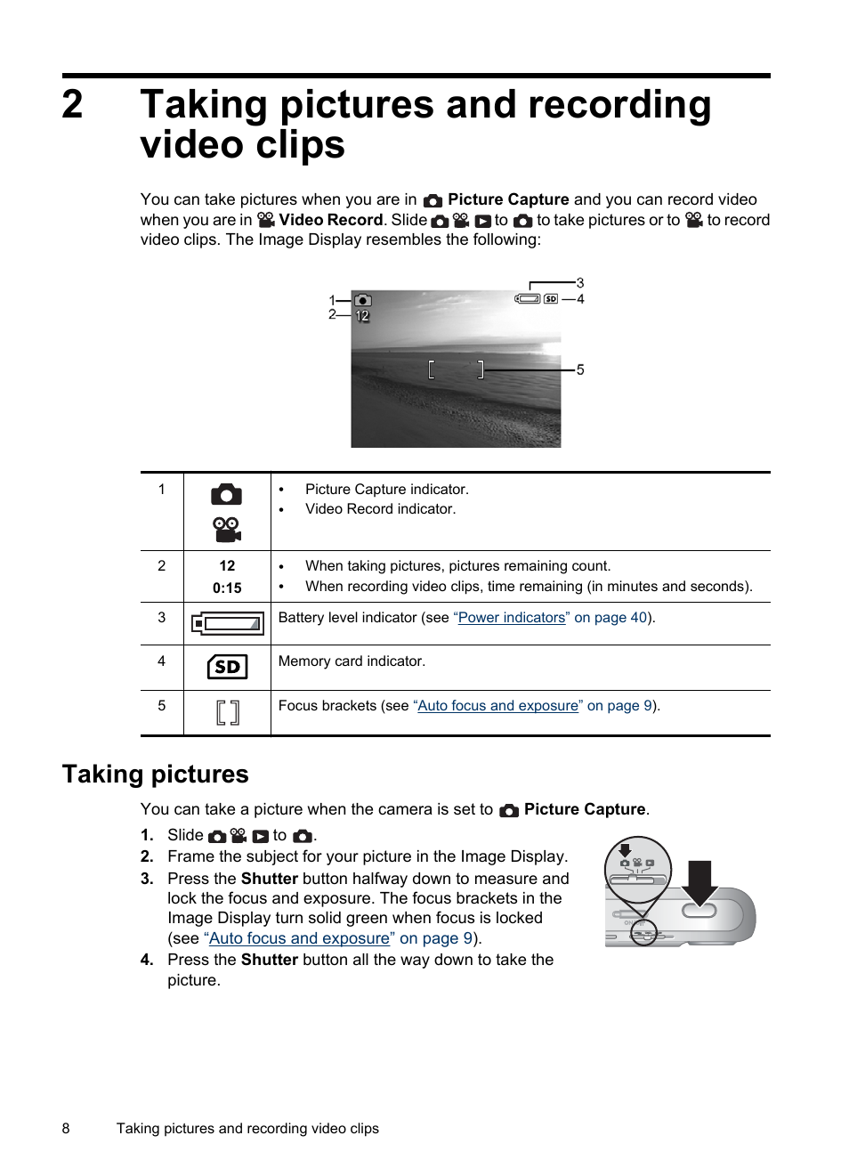 Taking pictures and recording video clips, Taking pictures, 2 taking pictures and recording video clips | 2taking pictures and recording video clips | HP M537 User Manual | Page 10 / 49