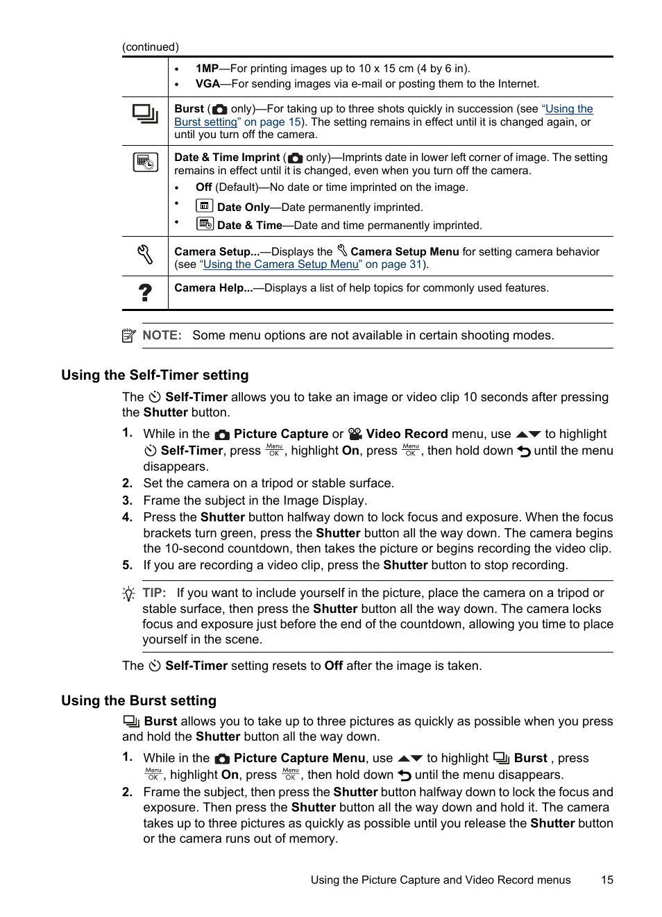 Using the self-timer setting, Using the burst setting, Imer light (see | HP M537 User Manual | Page 17 / 49
