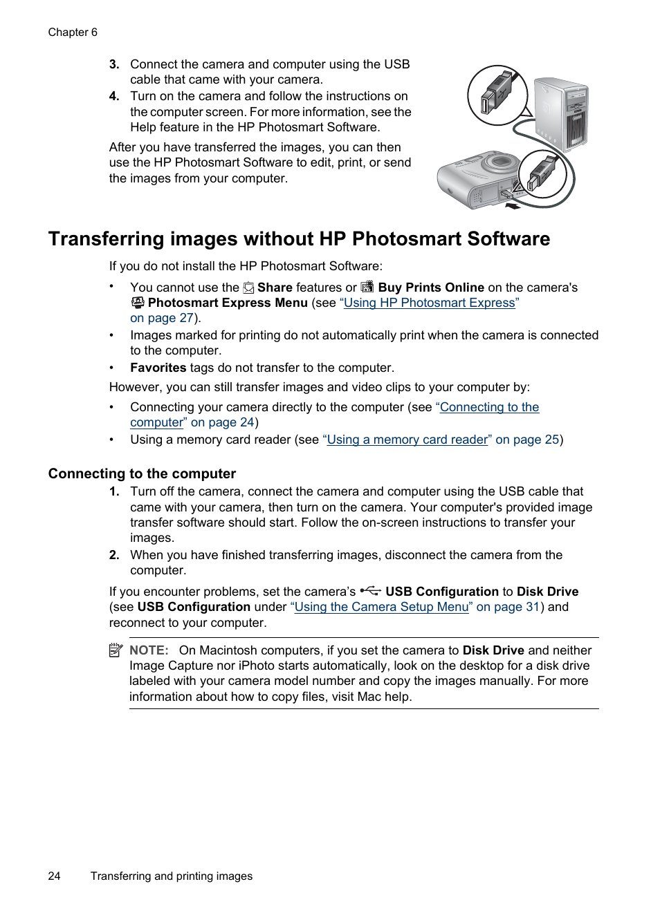 Transferring images without hp photosmart software, Connecting to the computer | HP M537 User Manual | Page 26 / 49