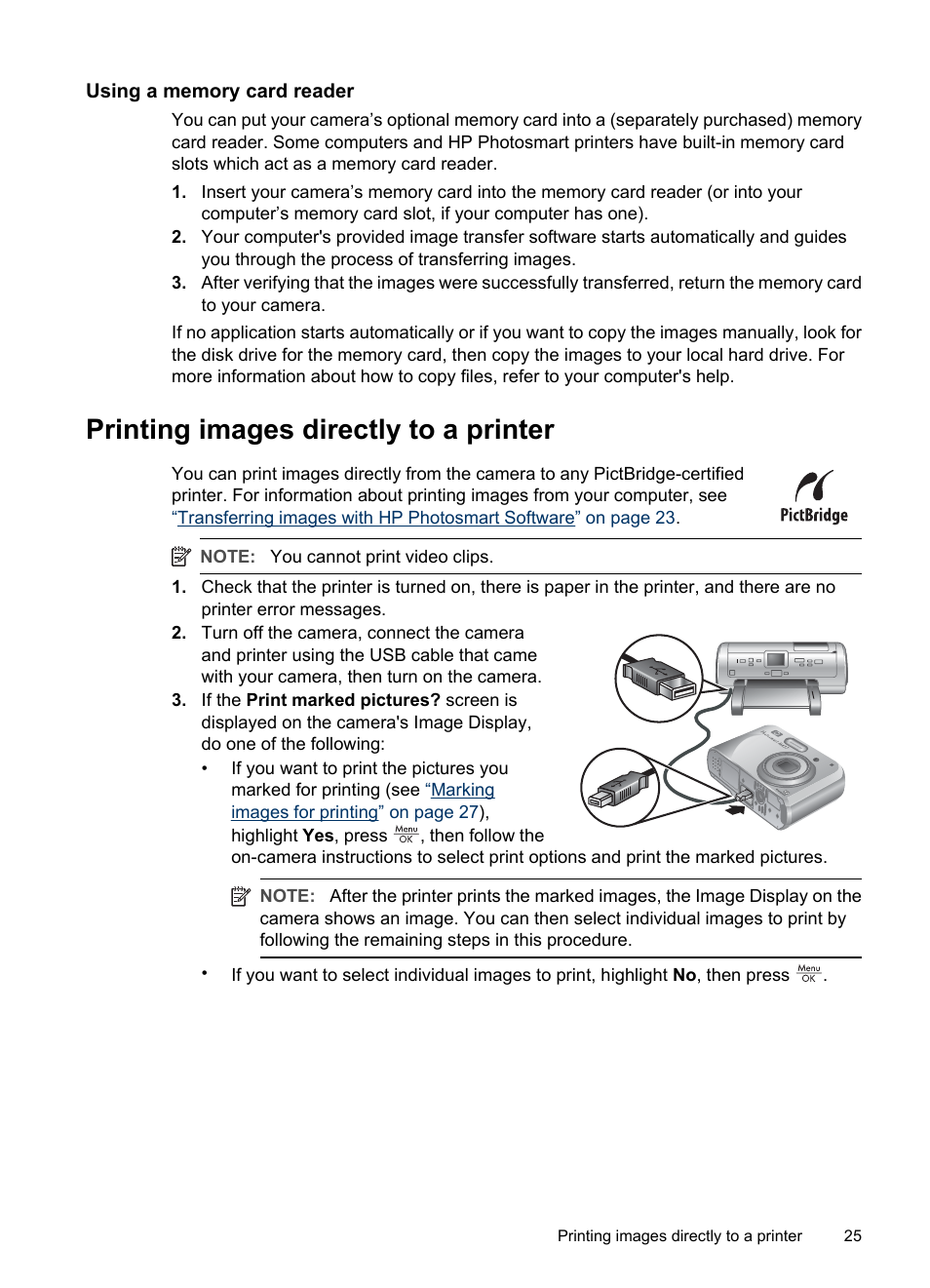 Using a memory card reader, Printing images directly to a printer | HP M537 User Manual | Page 27 / 49