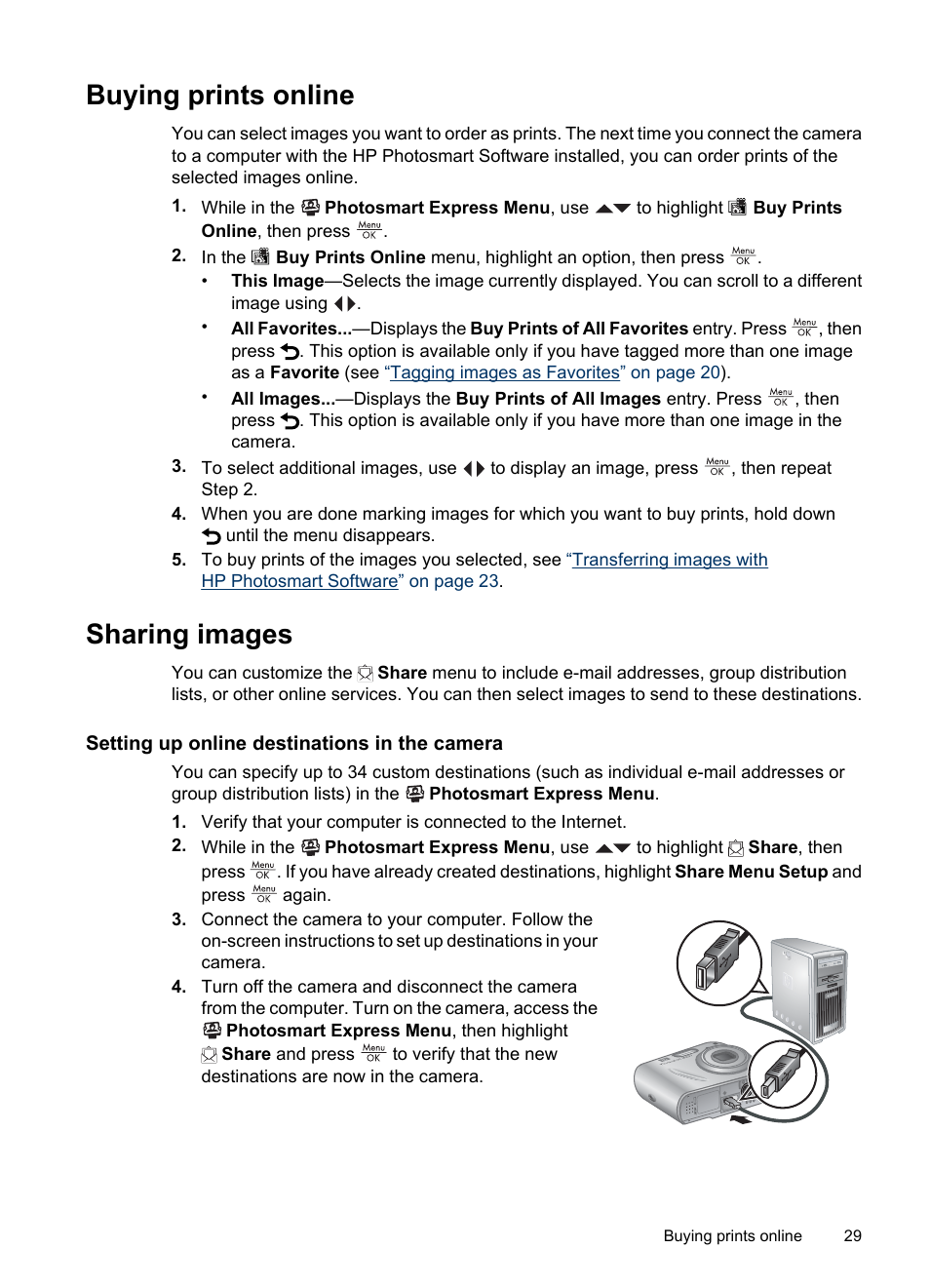 Buying prints online, Sharing images, Setting up online destinations in the camera | Buying prints online sharing images, Buying, Sharing | HP M537 User Manual | Page 31 / 49