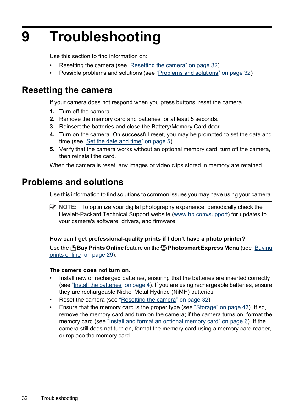 Troubleshooting, Resetting the camera, Problems and solutions | 9 troubleshooting, Resetting the camera problems and solutions, 9troubleshooting | HP M537 User Manual | Page 34 / 49