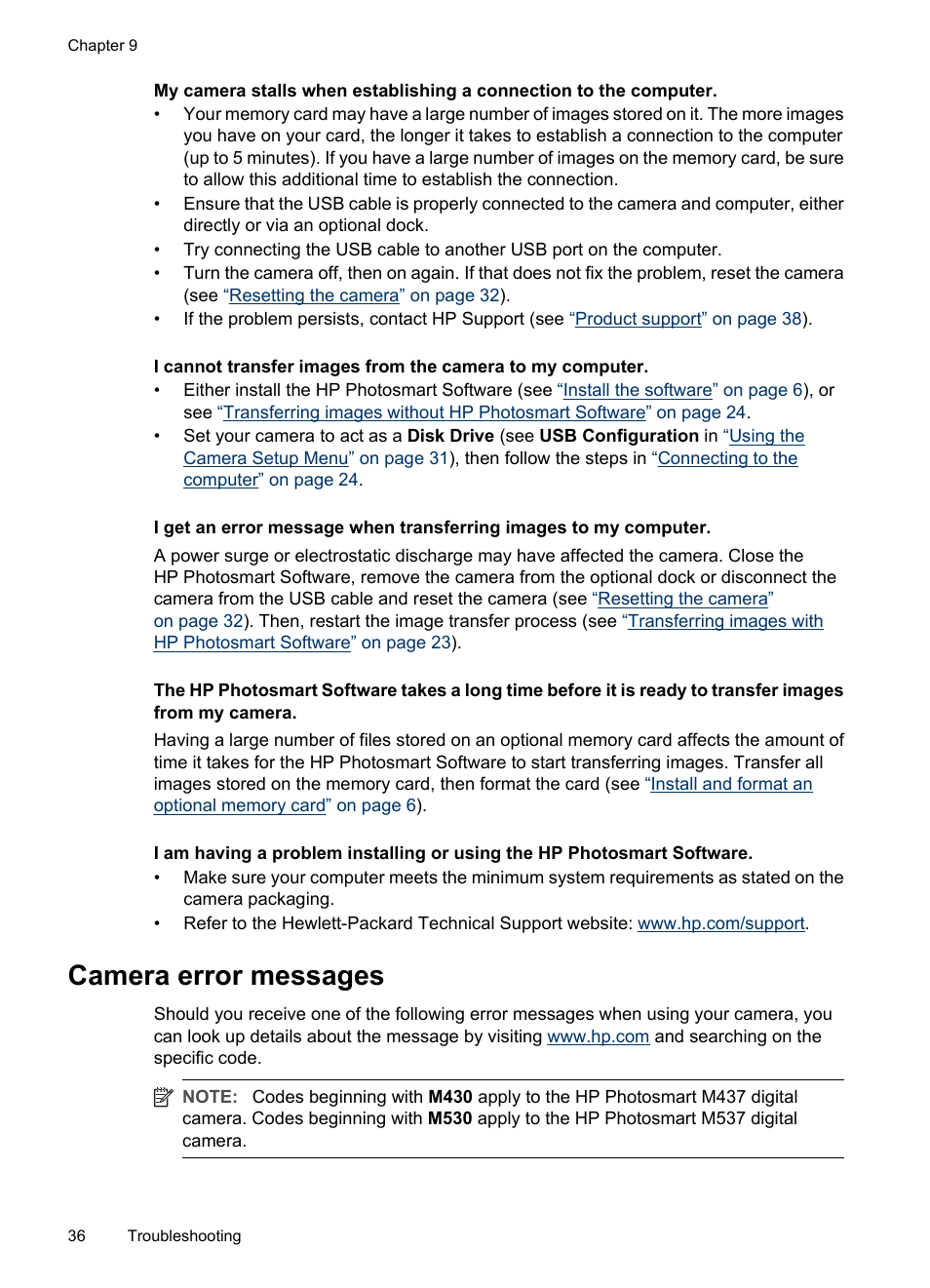 Camera error messages | HP M537 User Manual | Page 38 / 49