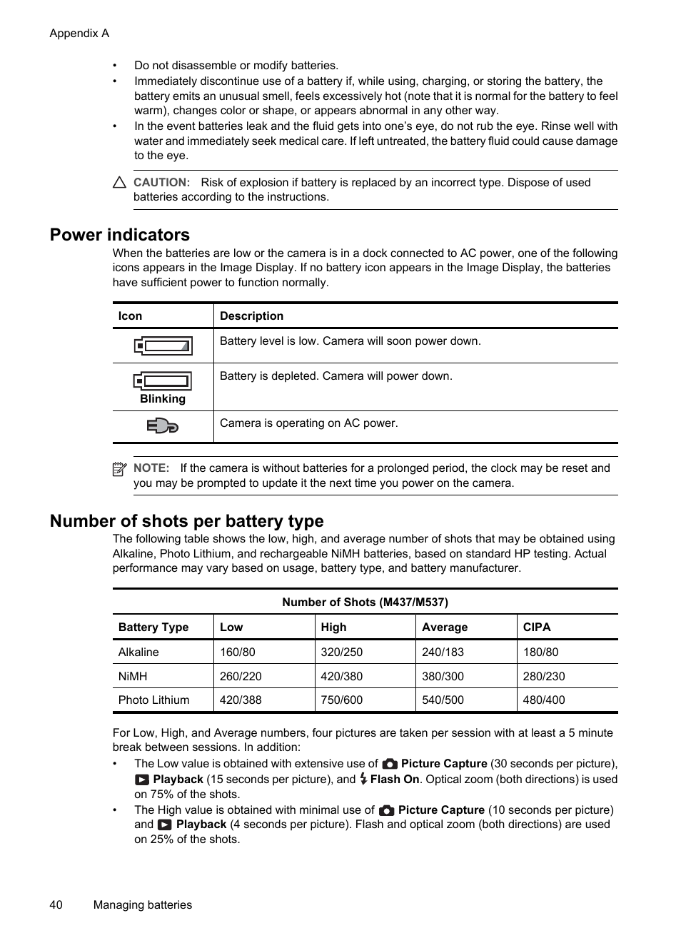 Power indicators, Number of shots per battery type, Power indicators number of shots per battery type | Hp re | HP M537 User Manual | Page 42 / 49