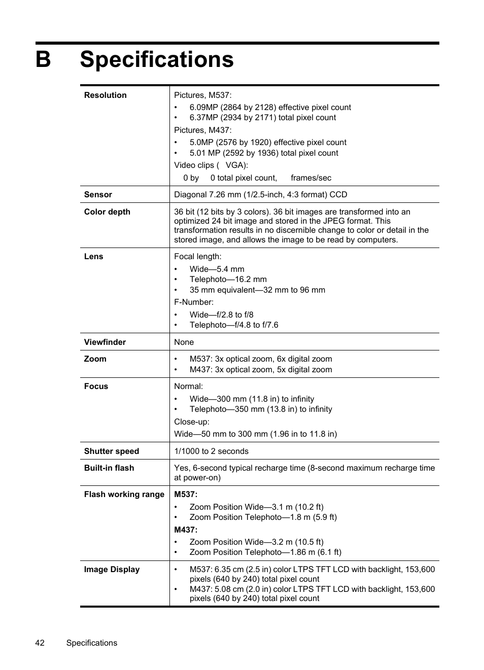 Specifications, B specifications, Bspecifications | HP M537 User Manual | Page 44 / 49