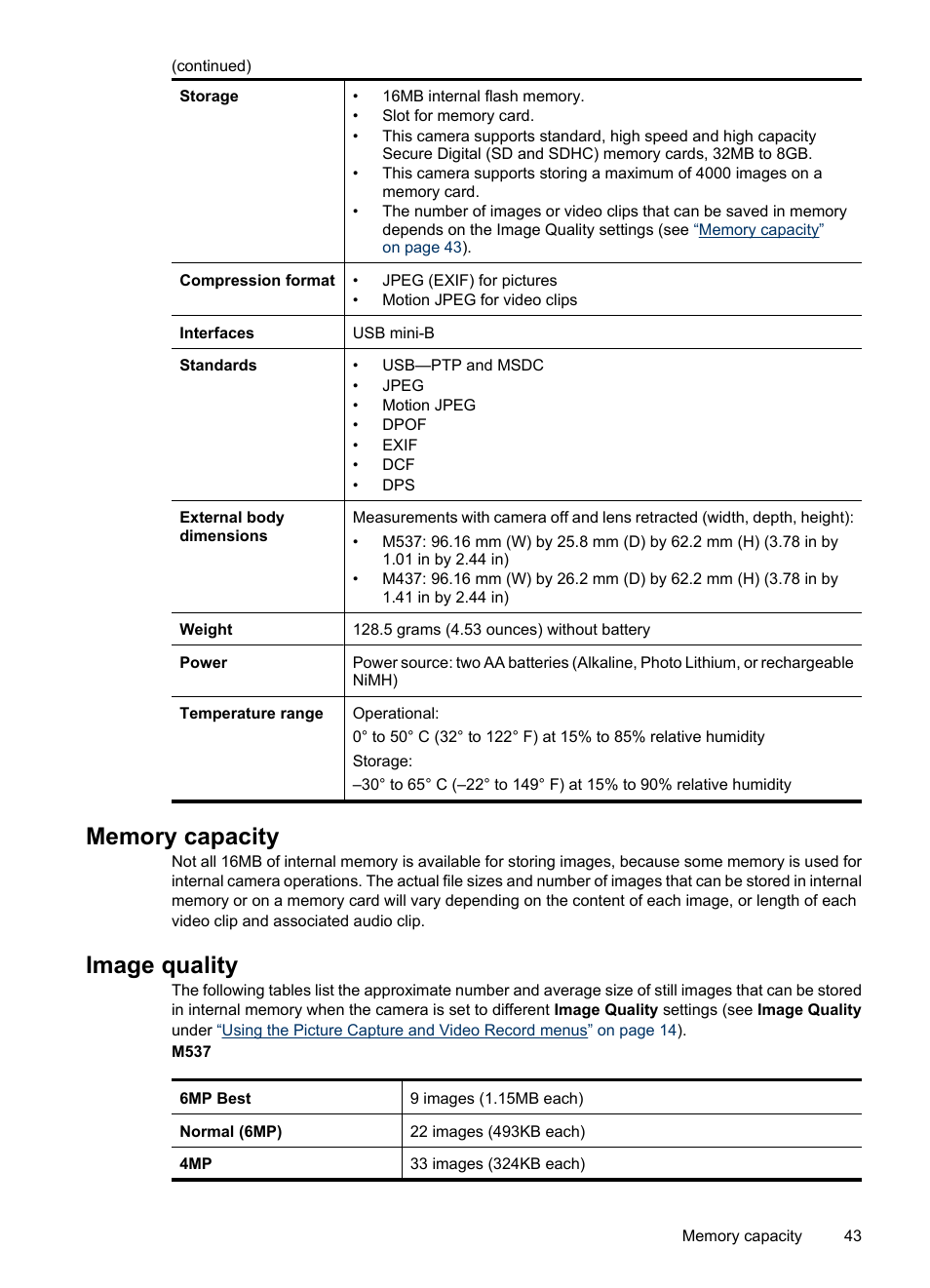 Memory capacity, Image quality, Memory capacity image quality | HP M537 User Manual | Page 45 / 49