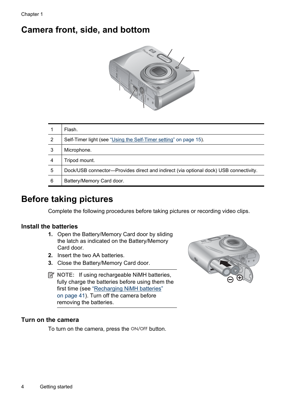 Camera front, side, and bottom, Before taking pictures, Install the batteries | Turn on the camera | HP M537 User Manual | Page 6 / 49