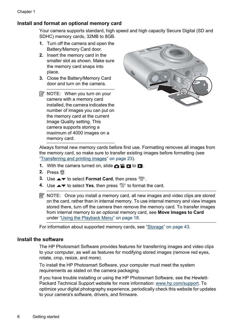 Install and format an optional memory card, Install the software | HP M537 User Manual | Page 8 / 49