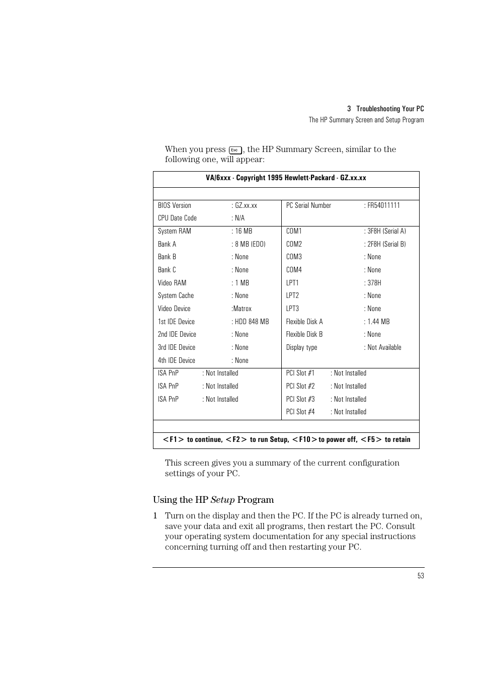 Using the hp setup program | HP HEWLET HP VECTRA VA 6/XXX User Manual | Page 63 / 96