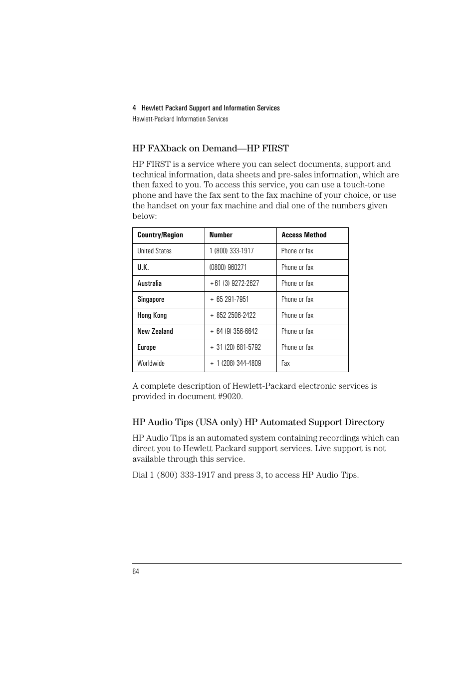 Hp faxback on demand—hp first | HP HEWLET HP VECTRA VA 6/XXX User Manual | Page 74 / 96