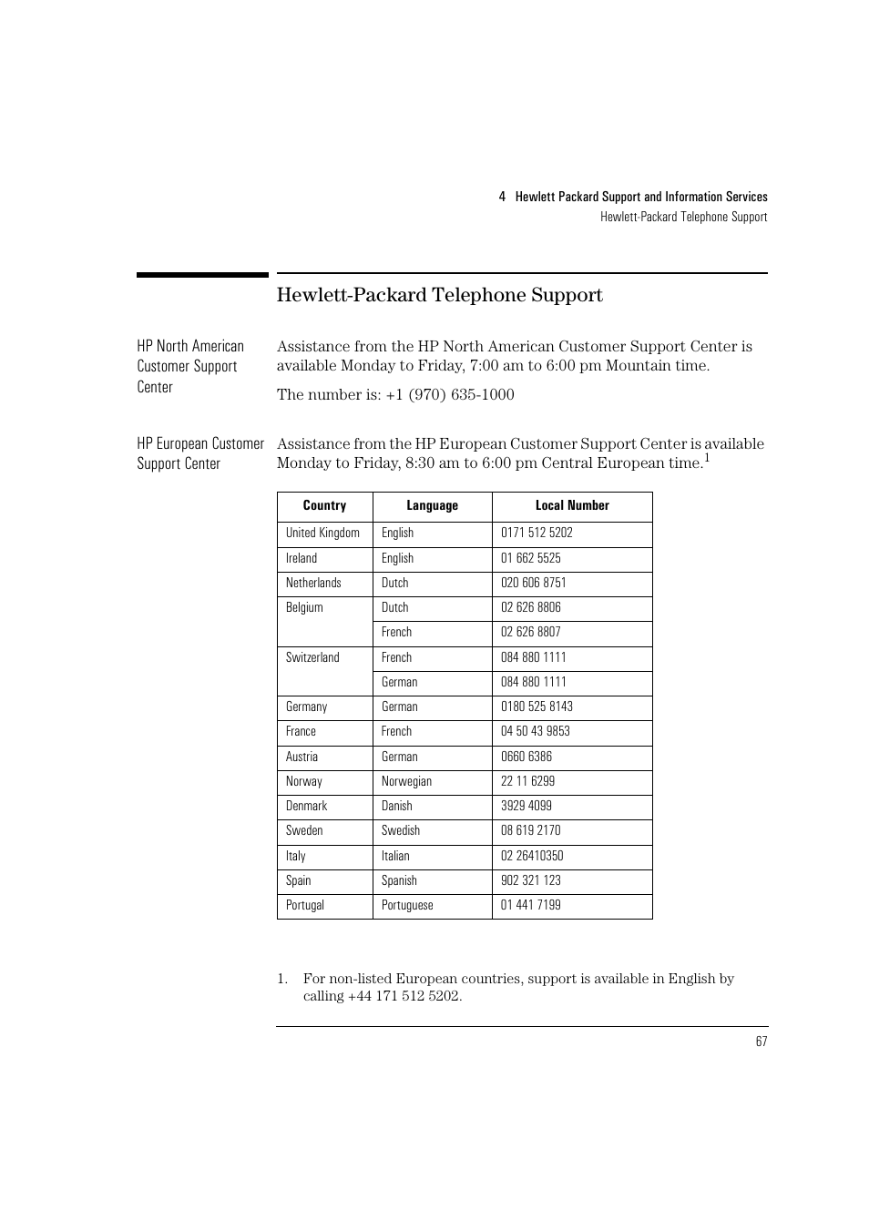 Hewlett-packard telephone support, Hp north american customer support center, Hp european customer support center | HP HEWLET HP VECTRA VA 6/XXX User Manual | Page 77 / 96