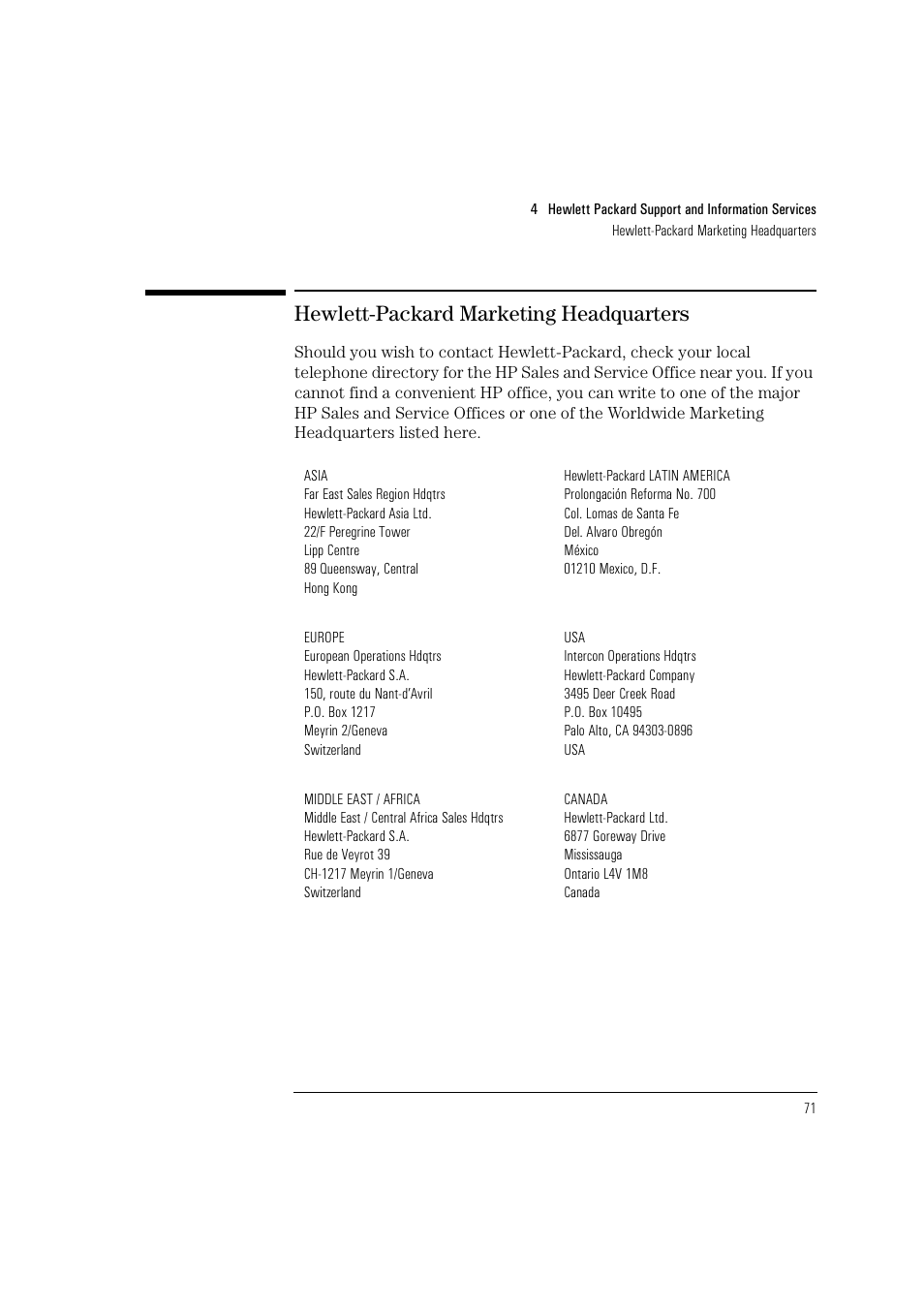 Hewlett-packard marketing headquarters | HP HEWLET HP VECTRA VA 6/XXX User Manual | Page 81 / 96