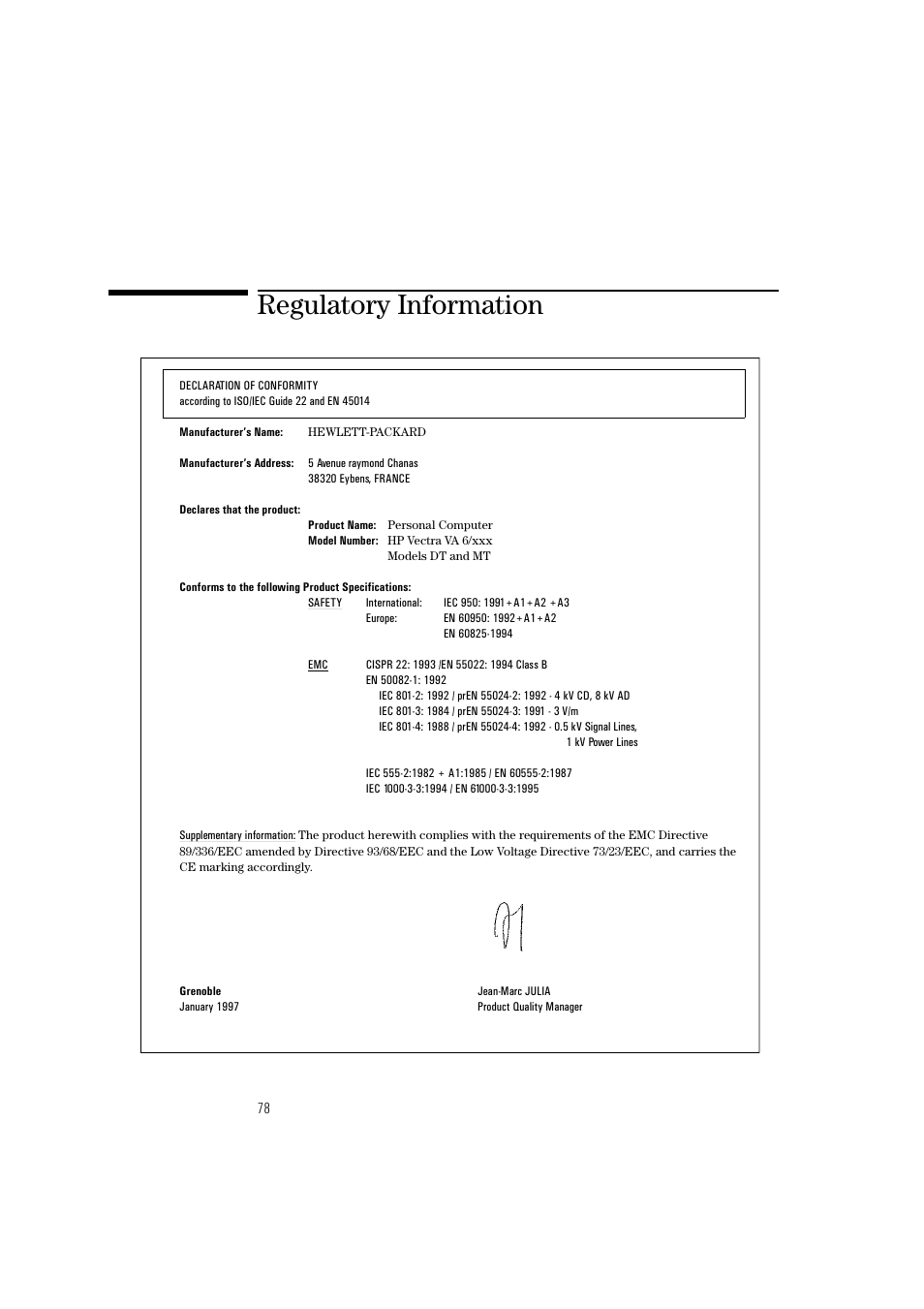 Regulatory information | HP HEWLET HP VECTRA VA 6/XXX User Manual | Page 88 / 96