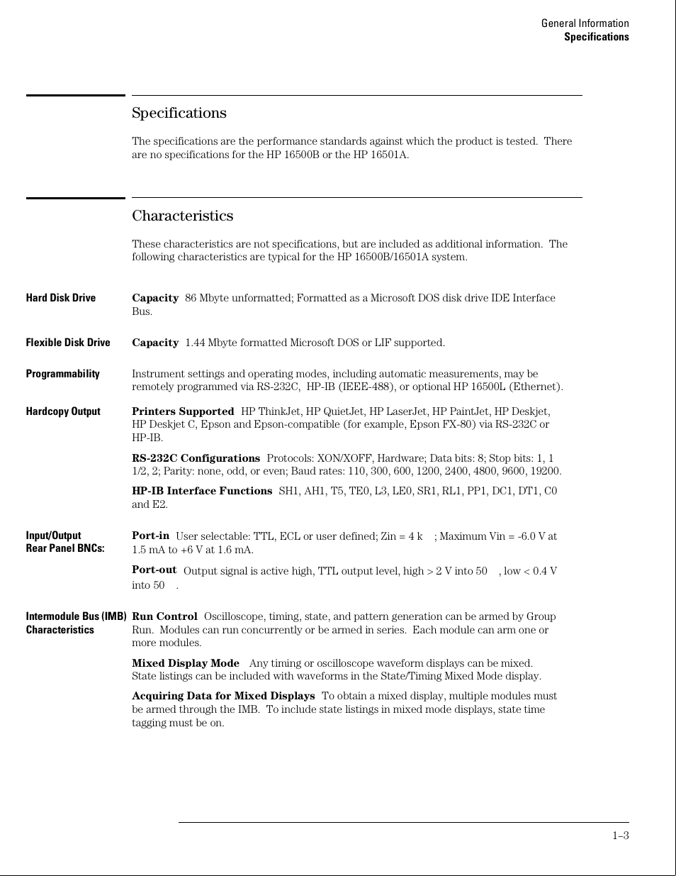 Specifications, Characteristics | HP 16500B User Manual | Page 10 / 129