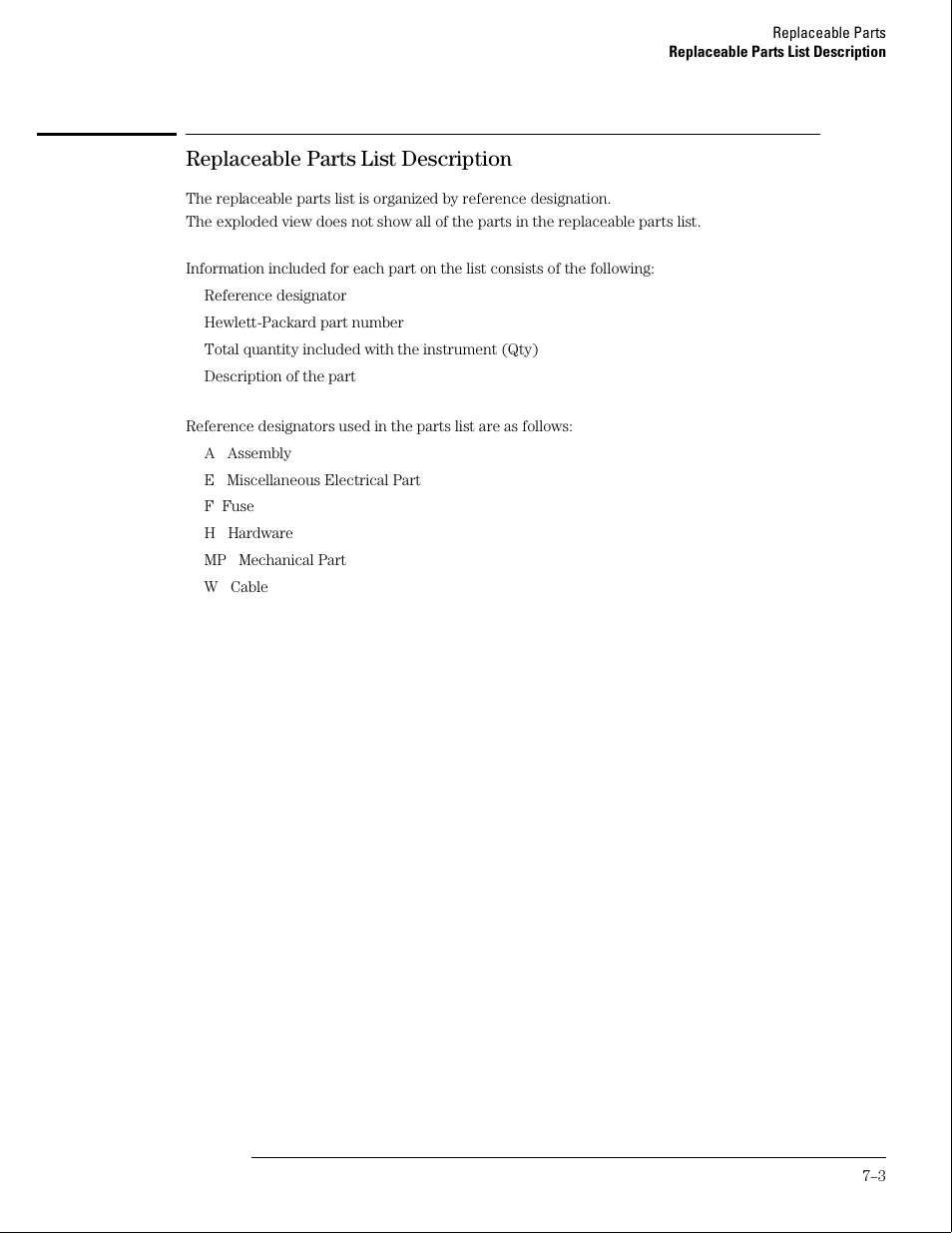 Replaceable parts list description | HP 16500B User Manual | Page 100 / 129