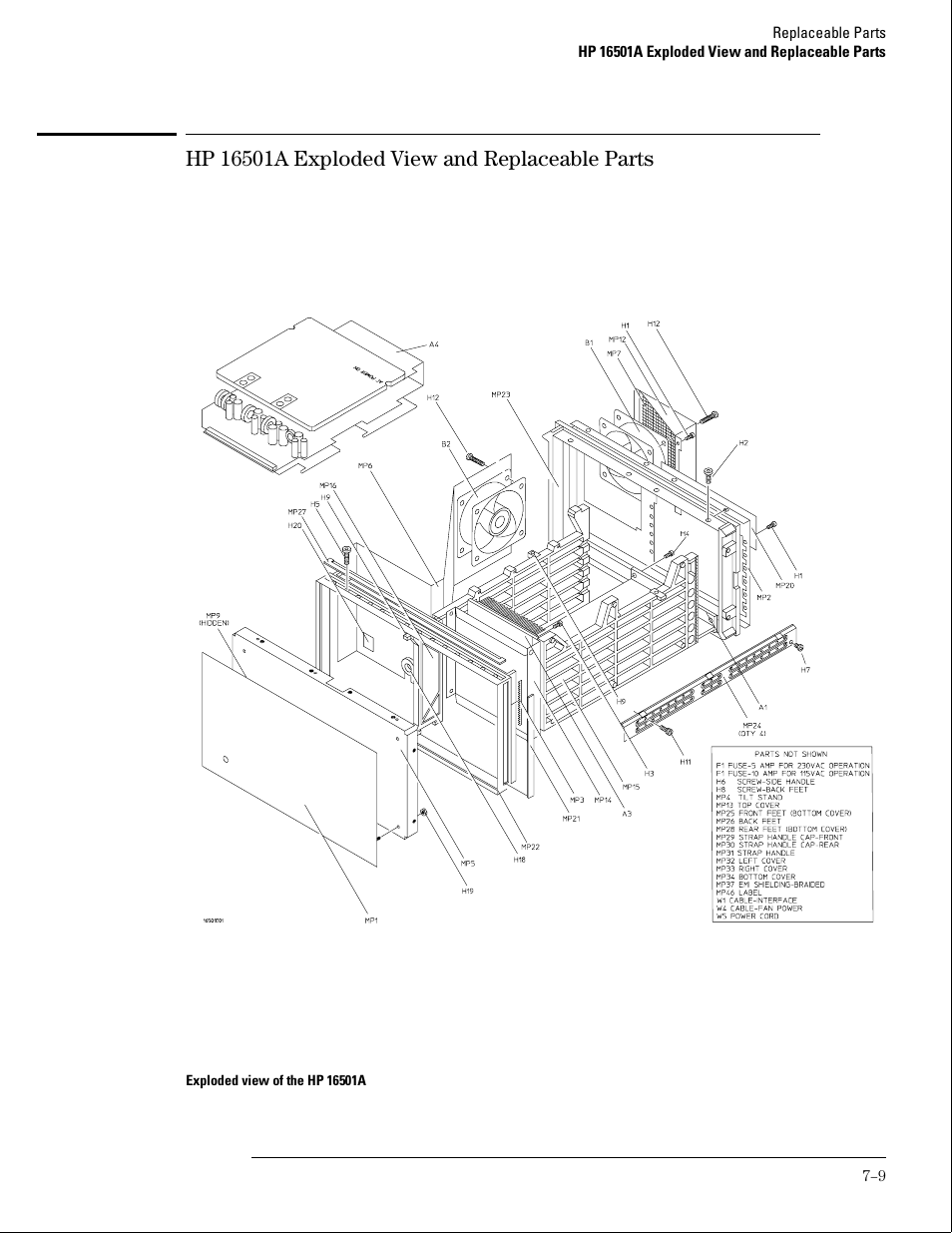 Hp 16501a exploded view and replaceable parts | HP 16500B User Manual | Page 106 / 129
