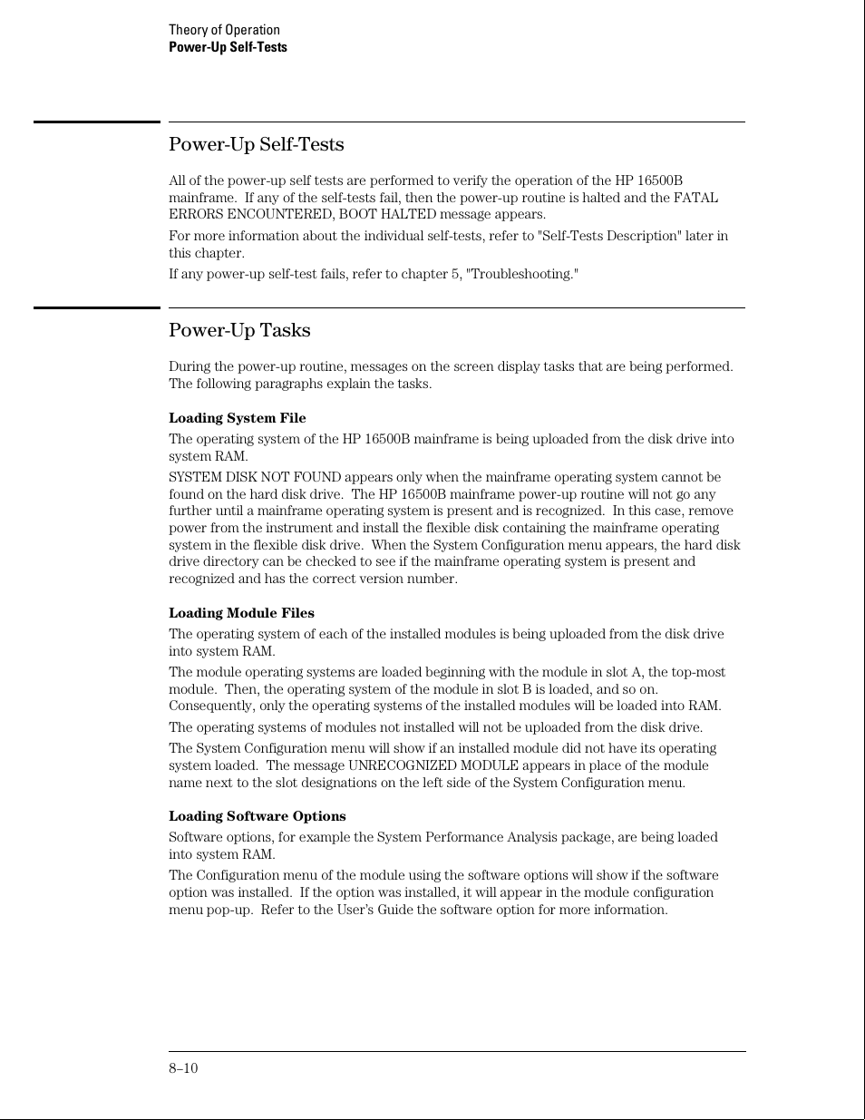 Power-up self-tests, Power-up tasks | HP 16500B User Manual | Page 119 / 129