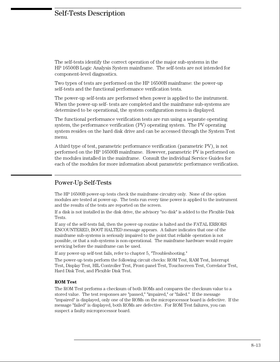 Self-tests description, Power-up self-tests | HP 16500B User Manual | Page 122 / 129