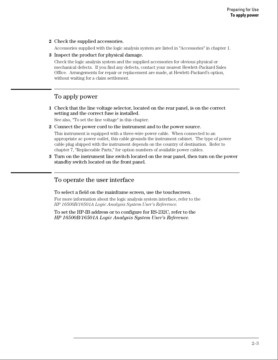 To apply power, To operate the user interface | HP 16500B User Manual | Page 16 / 129