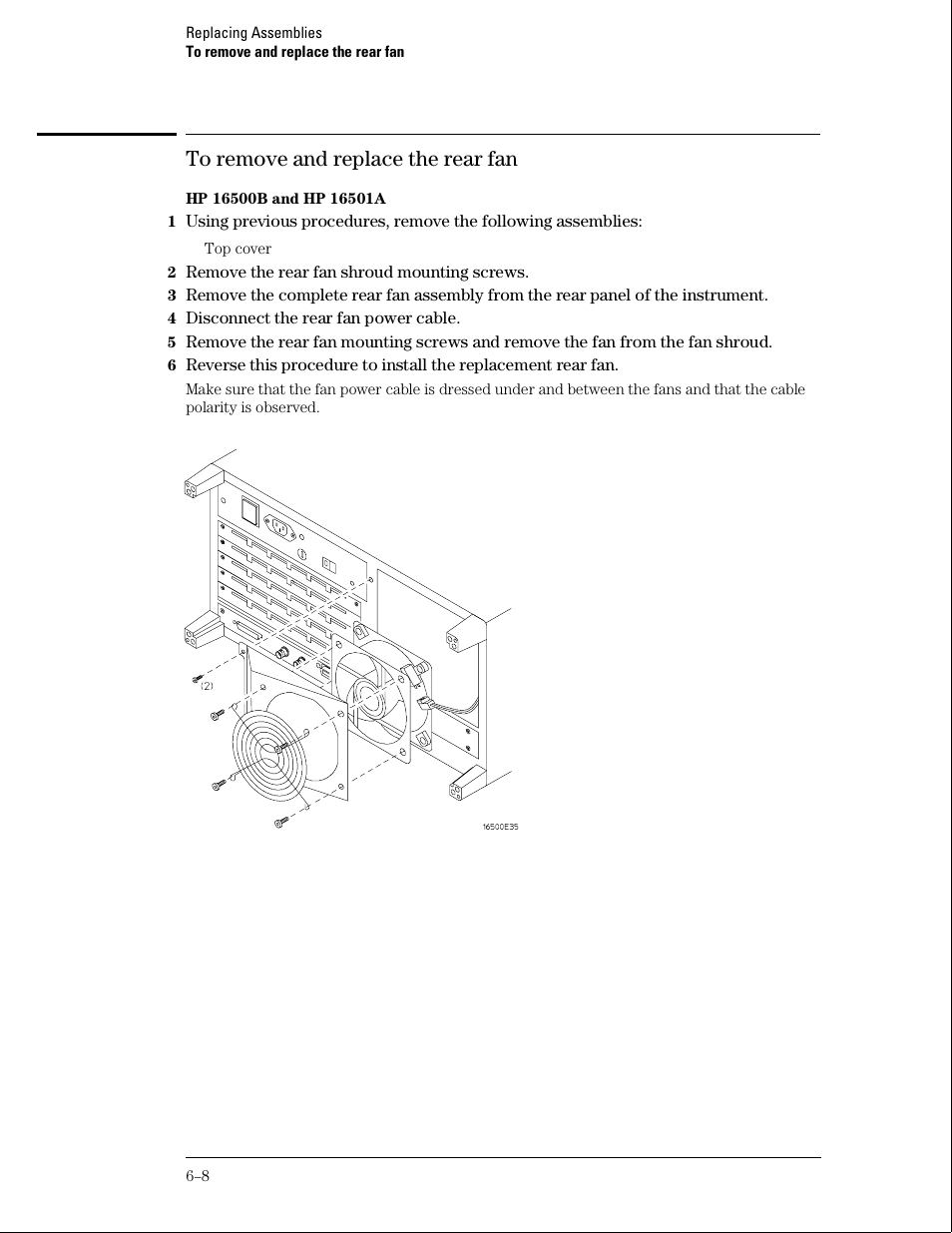 To remove and replace the rear fan | HP 16500B User Manual | Page 83 / 129