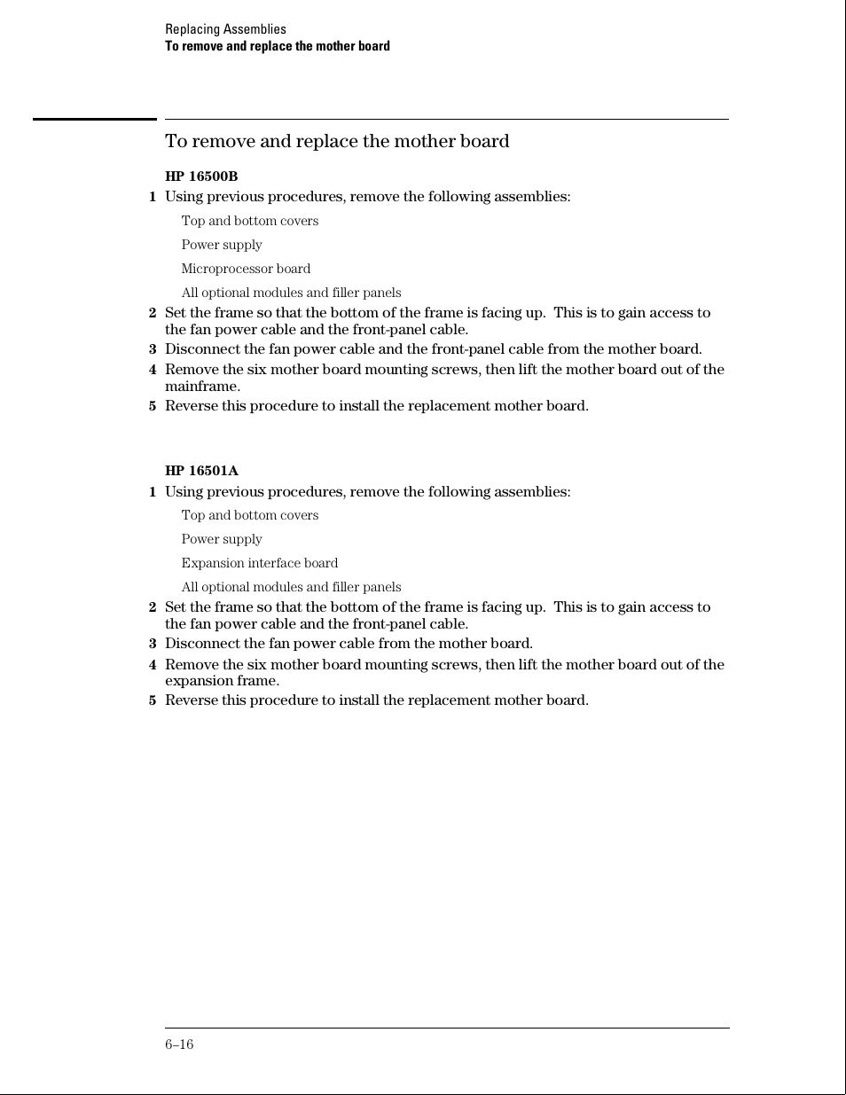 To remove and replace the mother board | HP 16500B User Manual | Page 91 / 129