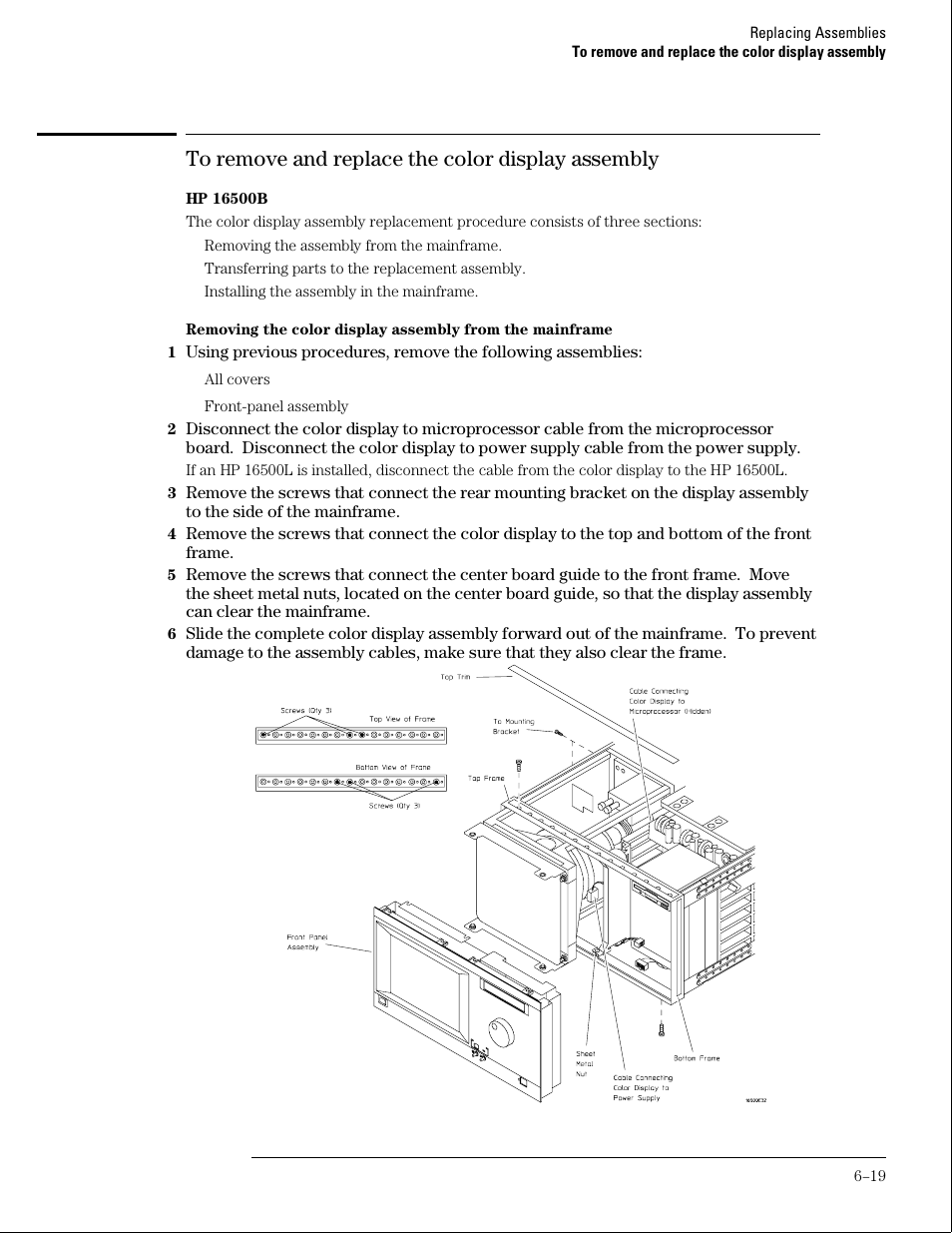 To remove and replace the color display assembly | HP 16500B User Manual | Page 94 / 129