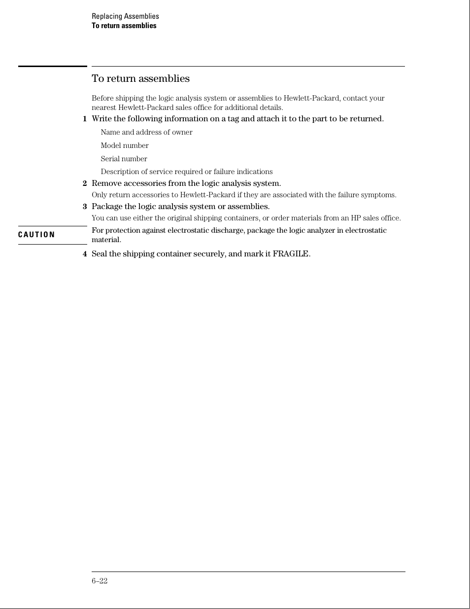 To return assemblies | HP 16500B User Manual | Page 97 / 129