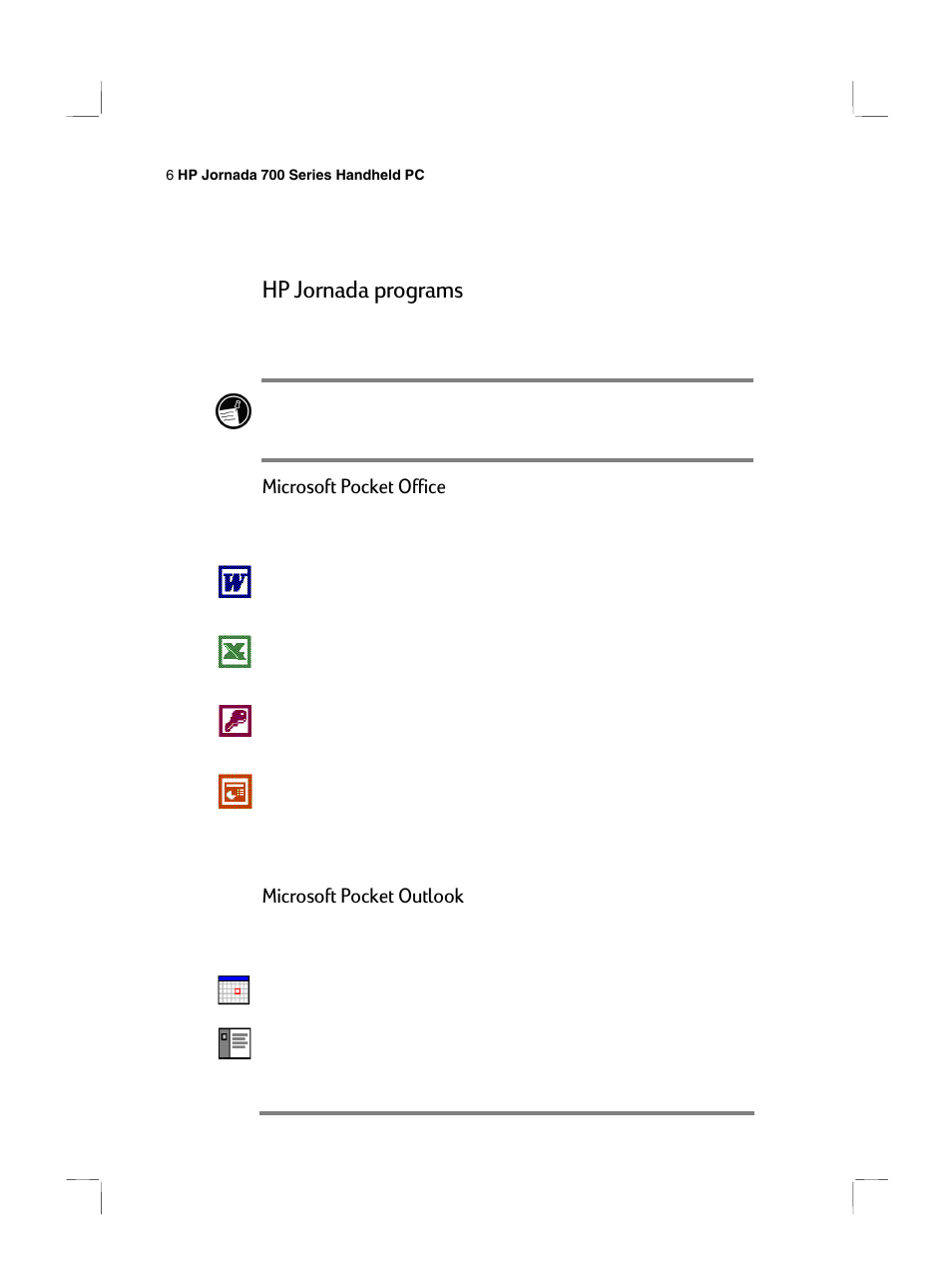 Hp jornada programs, Microsoft pocket office, Microsoft pocket outlook | HP 700 Series User Manual | Page 10 / 204