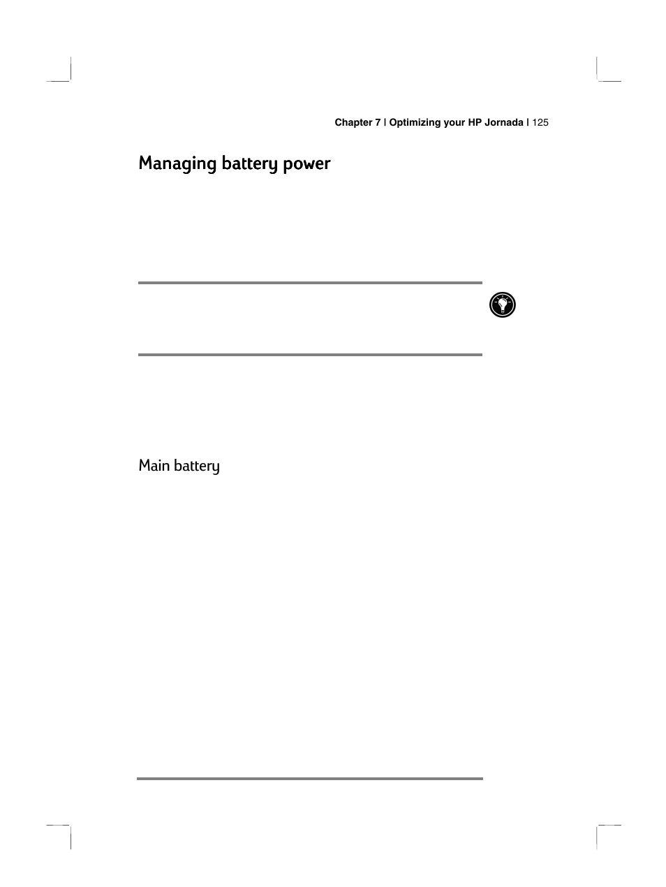 Managing battery power, Main battery | HP 700 Series User Manual | Page 129 / 204