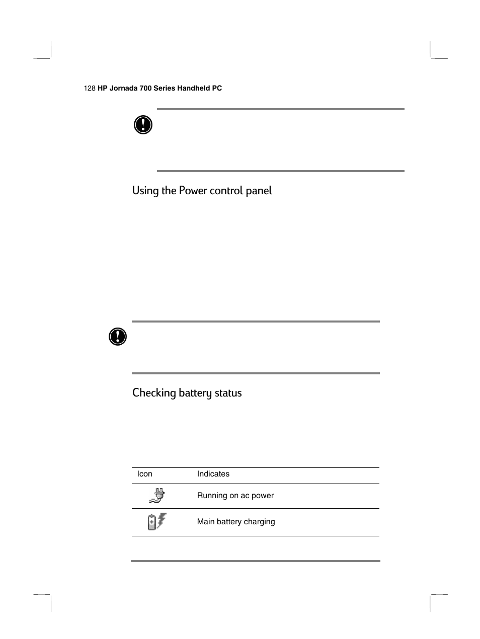 Using the power control panel, Checking battery status | HP 700 Series User Manual | Page 132 / 204