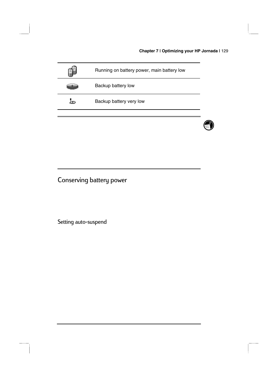 Conserving battery power, Setting auto-suspend | HP 700 Series User Manual | Page 133 / 204