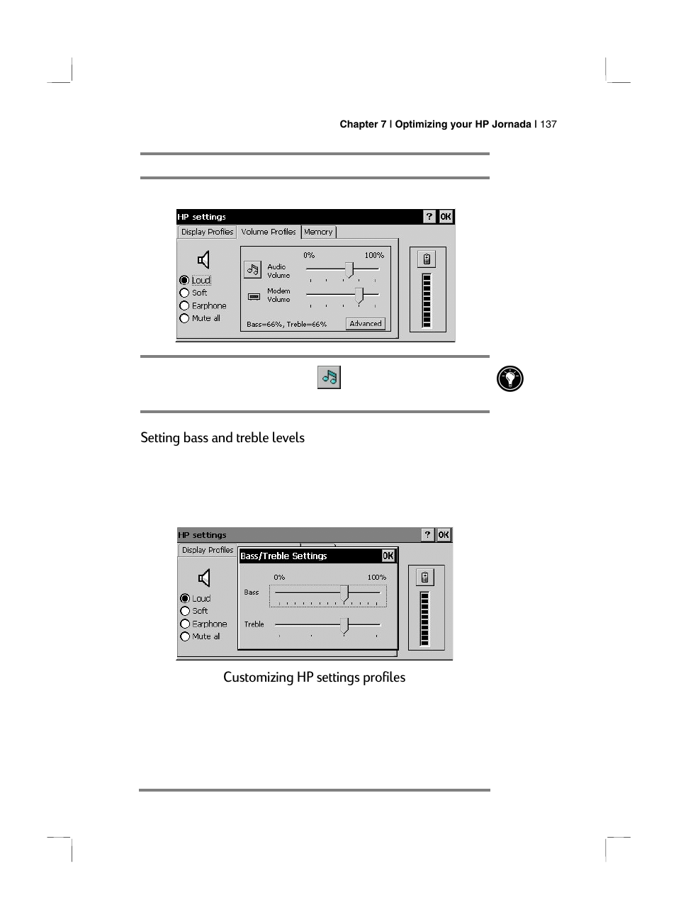 Setting bass and treble levels, Customizing hp settings profiles | HP 700 Series User Manual | Page 141 / 204