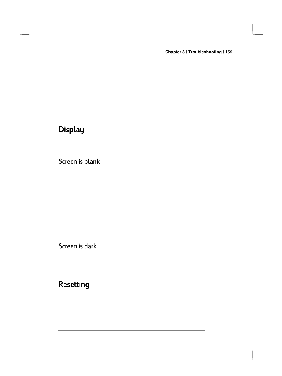 Display, Resetting, Screen is blank | Screen is dark | HP 700 Series User Manual | Page 163 / 204