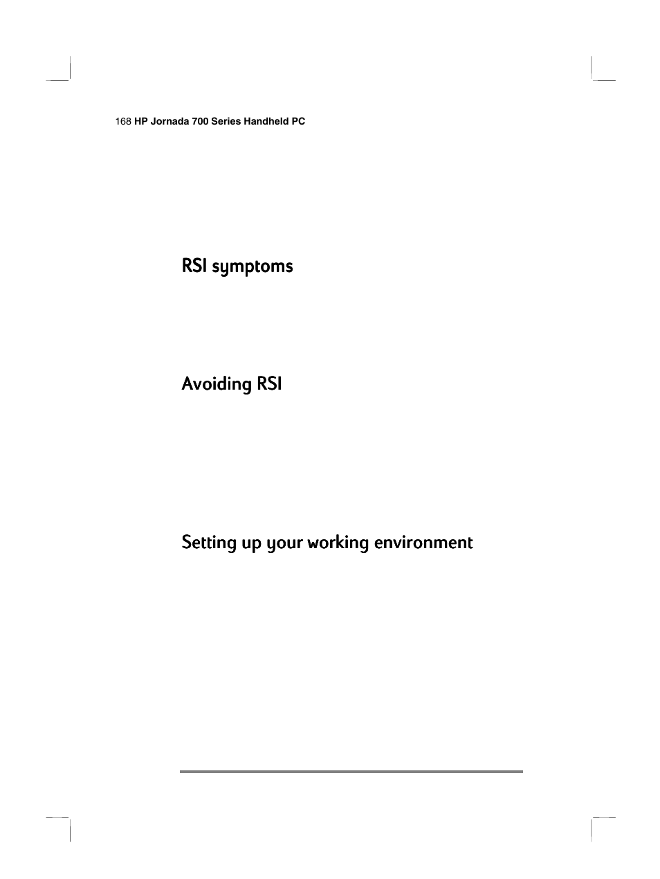 Rsi symptoms, Avoiding rsi, Setting up your working environment | HP 700 Series User Manual | Page 172 / 204