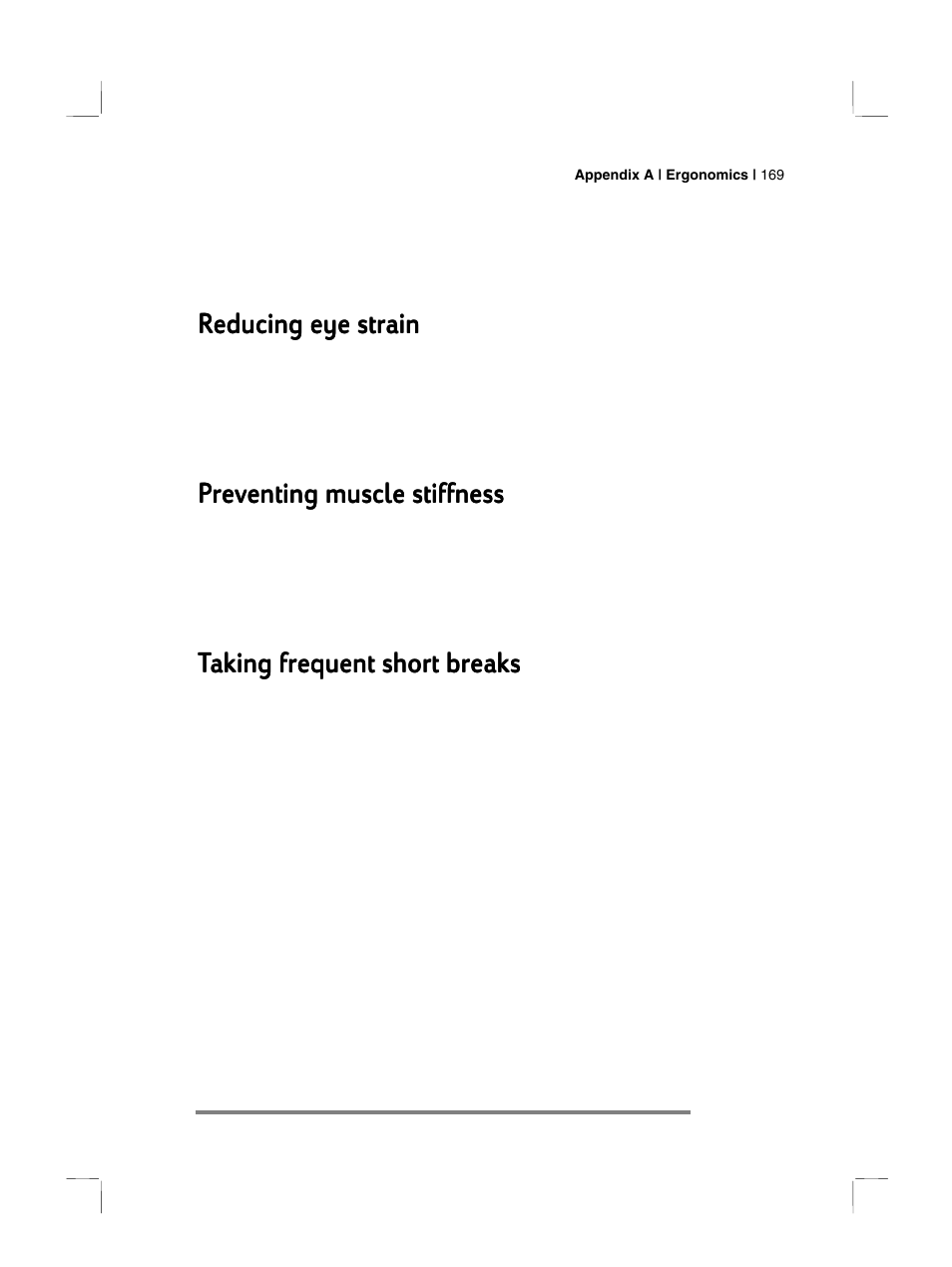 Reducing eye strain, Preventing muscle stiffness, Taking frequent short breaks | HP 700 Series User Manual | Page 173 / 204