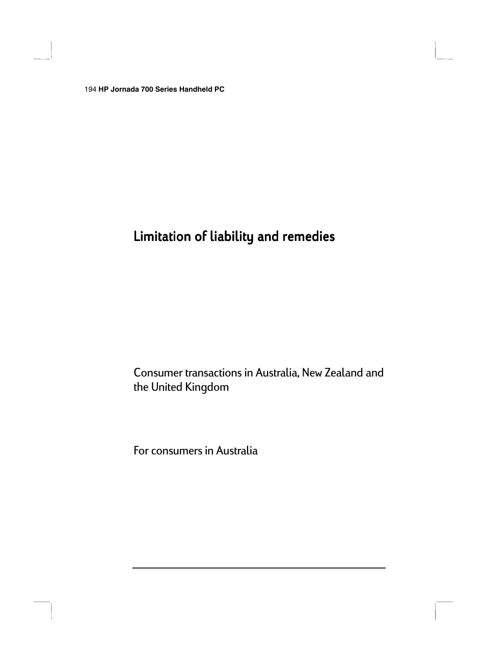 Limitation of liability and remedies, For consumers in australia | HP 700 Series User Manual | Page 198 / 204