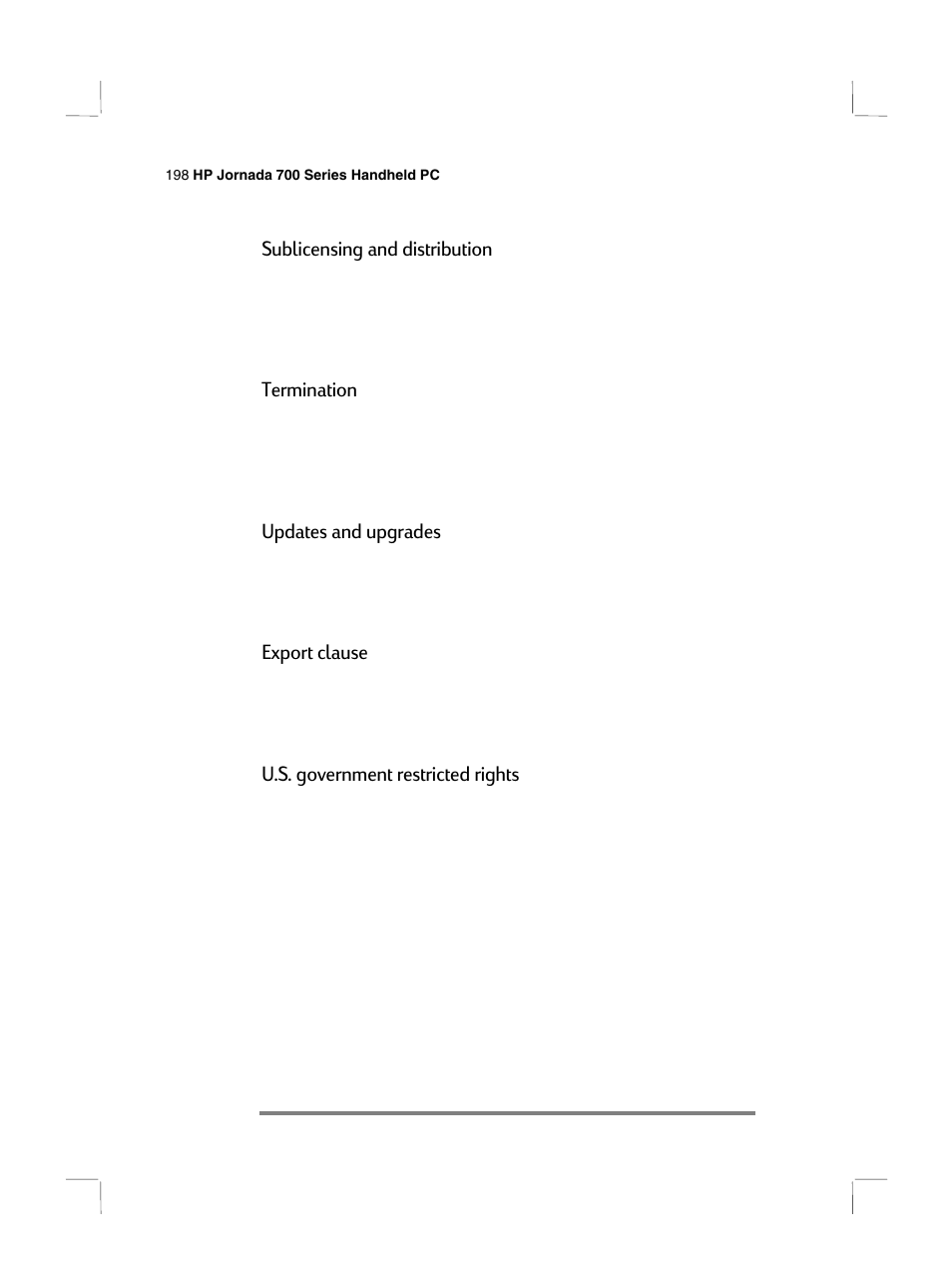 Sublicensing and distribution, Termination, Updates and upgrades | Export clause, U.s. government restricted rights | HP 700 Series User Manual | Page 202 / 204