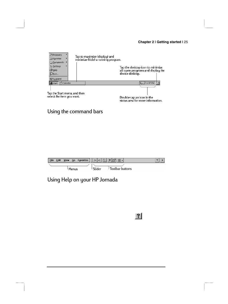 Using the command bars, Using help on your hp jornada | HP 700 Series User Manual | Page 29 / 204