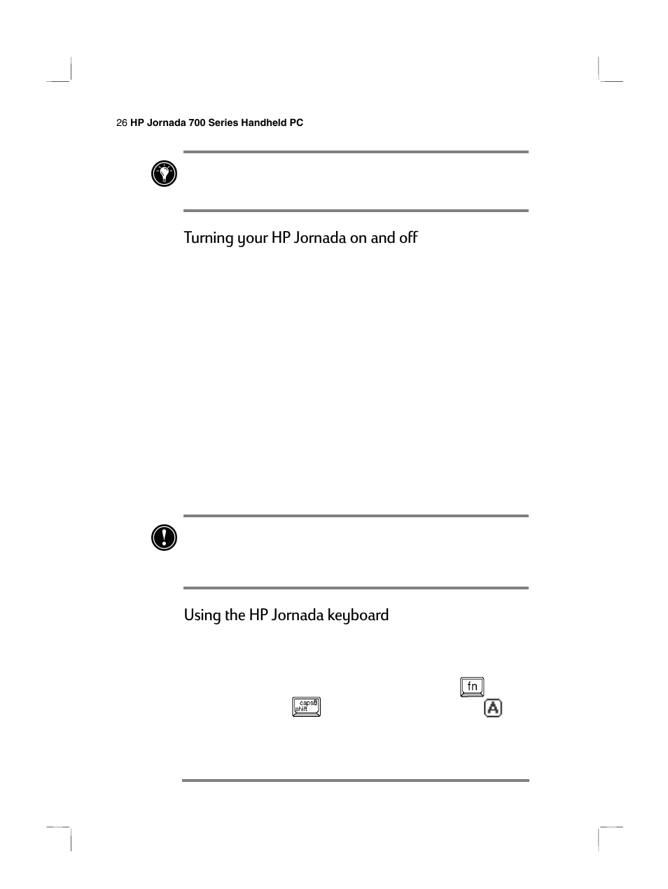 Turning your hp jornada on and off, Using the hp jornada keyboard | HP 700 Series User Manual | Page 30 / 204