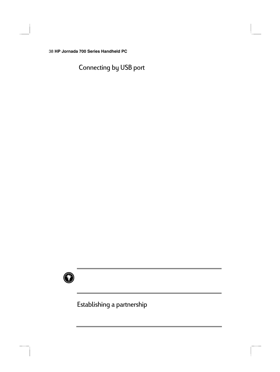Connecting by usb port, Establishing a partnership | HP 700 Series User Manual | Page 42 / 204