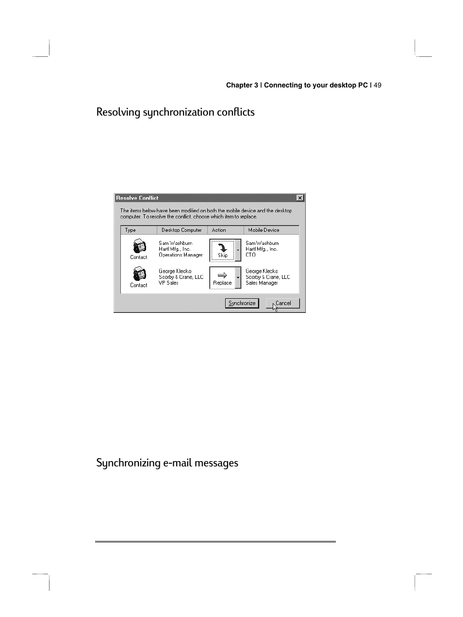 Resolving synchronization conflicts, Synchronizing e-mail messages | HP 700 Series User Manual | Page 53 / 204