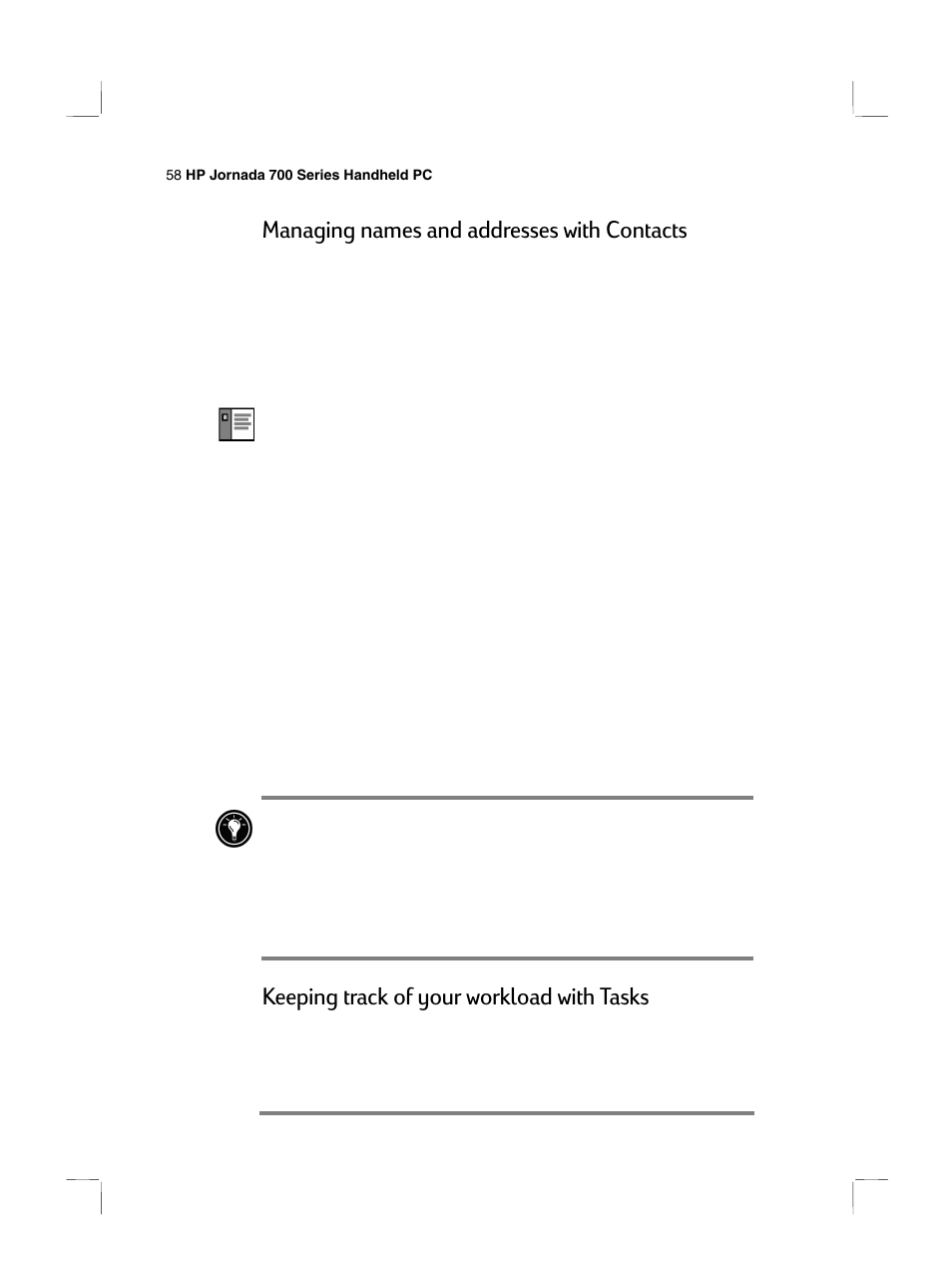 Managing names and addresses with contacts, Keeping track of your workload with tasks | HP 700 Series User Manual | Page 62 / 204