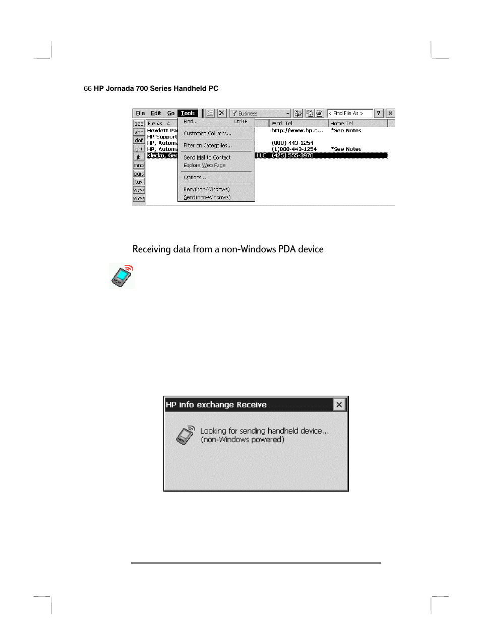 Receiving data from a non-windows pda device | HP 700 Series User Manual | Page 70 / 204