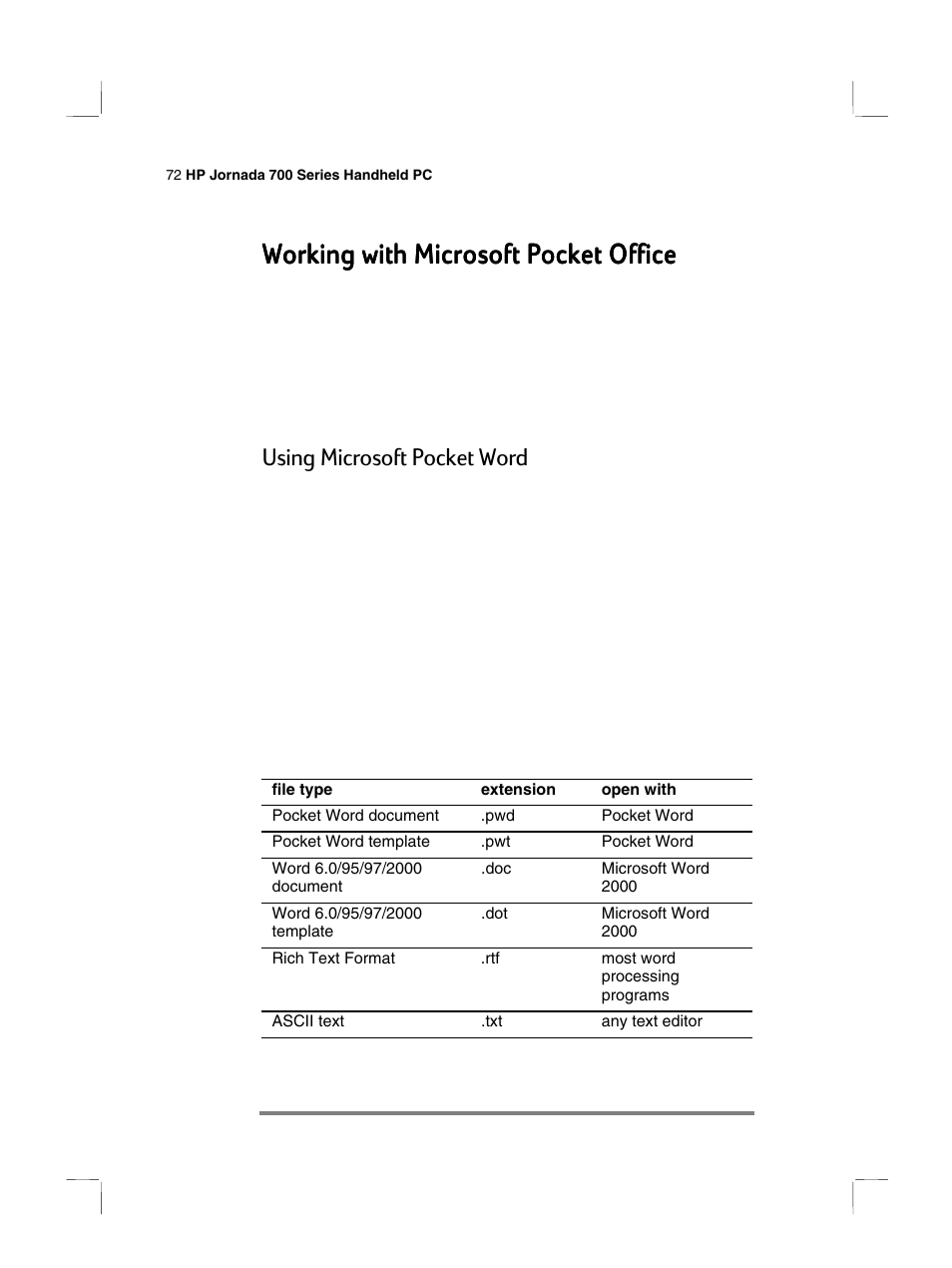 Working with microsoft pocket office, Using microsoft pocket word | HP 700 Series User Manual | Page 76 / 204