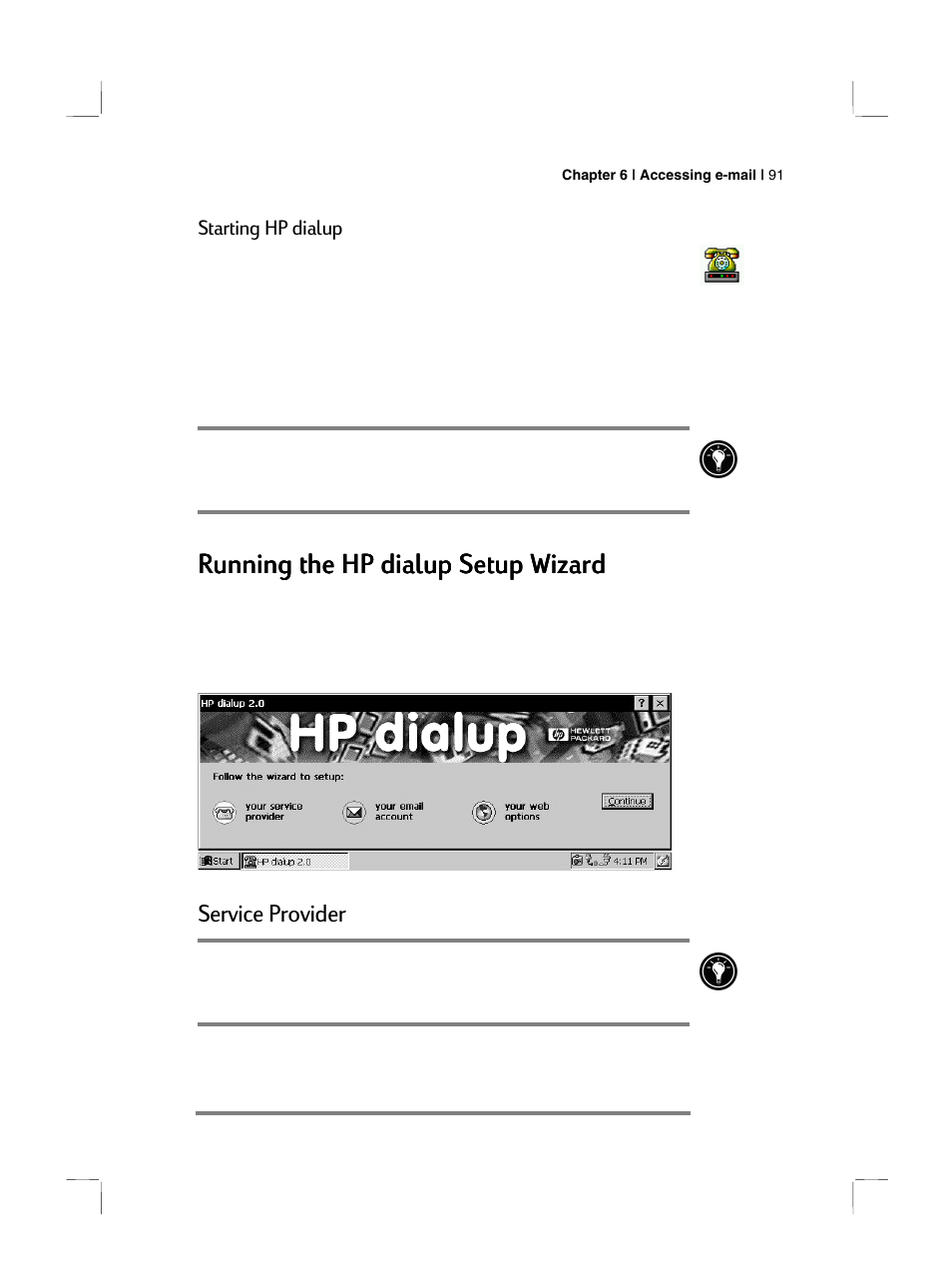 Running the hp dialup setup wizard, Service provider | HP 700 Series User Manual | Page 95 / 204